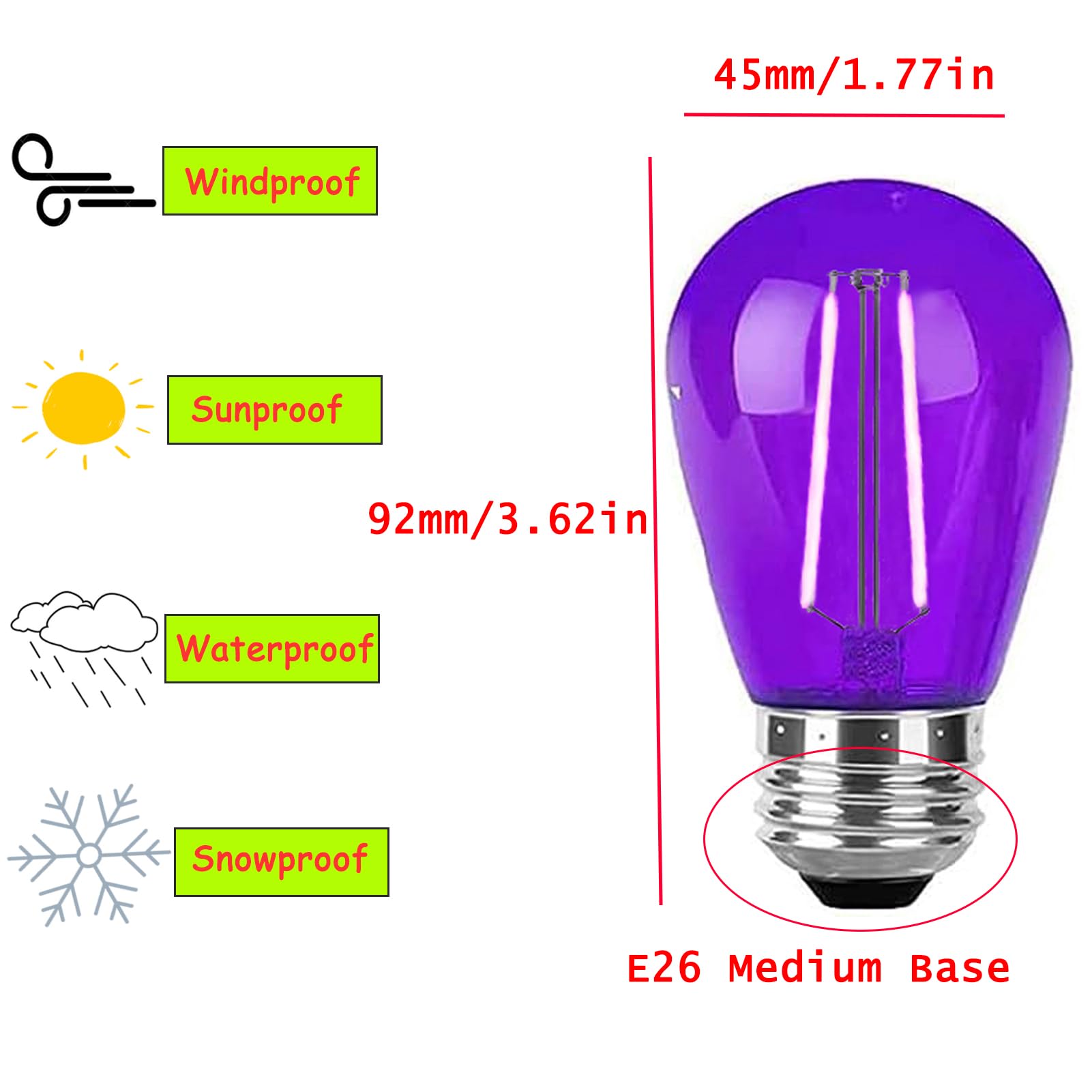 Lrsueyskin 15 Pack Purple Led Bulb S14 Replacement Light Bulbs 2W Plastic Shatterproof Night Bulb E26 Base Purple String Lights Waterproof Vintage Bulb For Halloween Christmas Wedding Party Patio, Purple