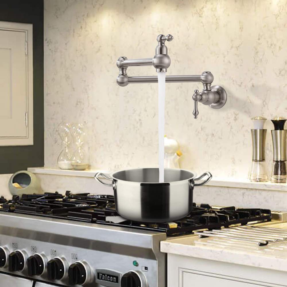 Vokim Pot Filler Faucet Wall Mount Brushed Niickel Kitchen Faucet,With Double Joint Swing Arms,Single Hole, 2 Handles Faucet