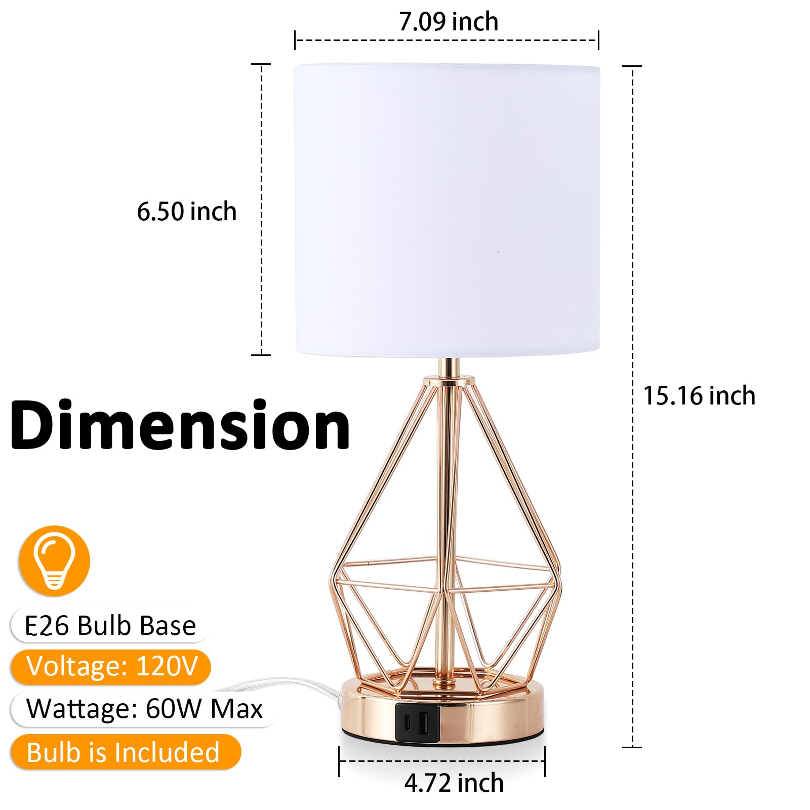 Qhantomize Table Lamp With Usb Port, 3 Way Dimmable Touch Lamps For Nightstand, Modern Small Bedside Lamp With Fabric Shade, Gold Side Table Lamp For Bedroom Living Room, Usb A & Usb C, Led Bulb Included