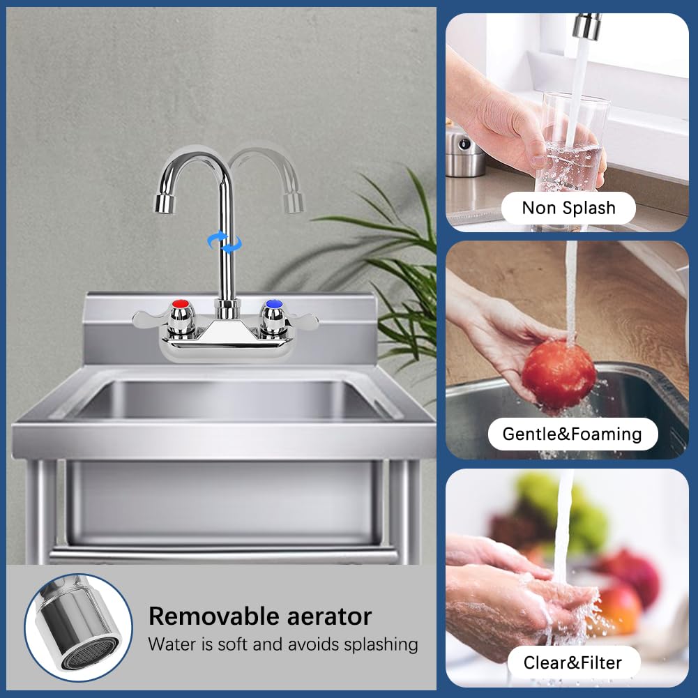 Tnroted 4 Inch Center Commercial Hand Sink Faucet With 3-1/2”Gooseneck Spout, Dual Lever Handle Wall Mount Utility Sink Faucet For Bar/Kitchen/Restaurant Sink,Brass Constructed