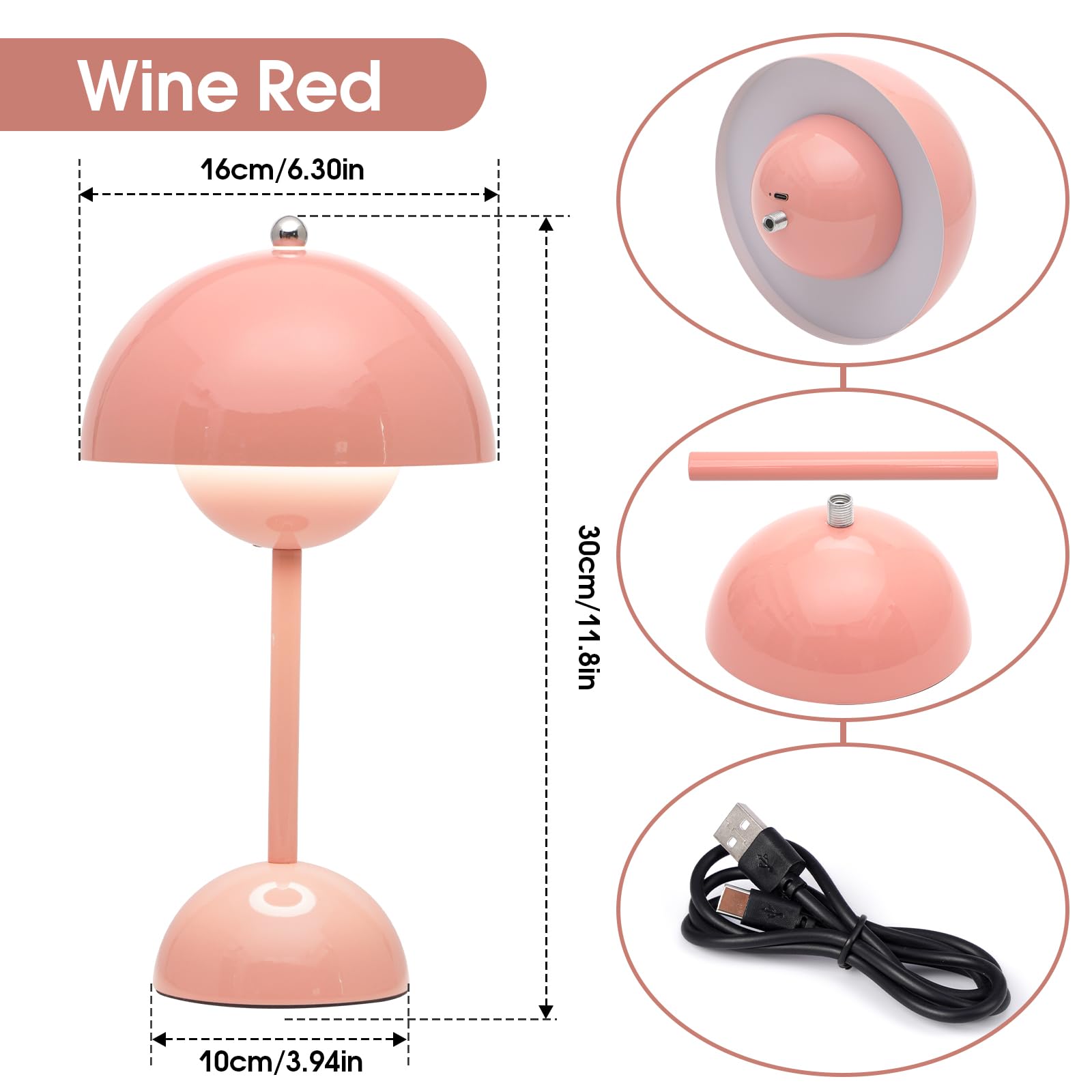Nusogon Flowerpot Cordless Lamp, Dimmable Rechargeable Touch Lamp, Battery Operated Lamp, Cute Mushroom Small Lamp For Nightstand, Modern Table Lamp For Indoor Outdoor(Pink