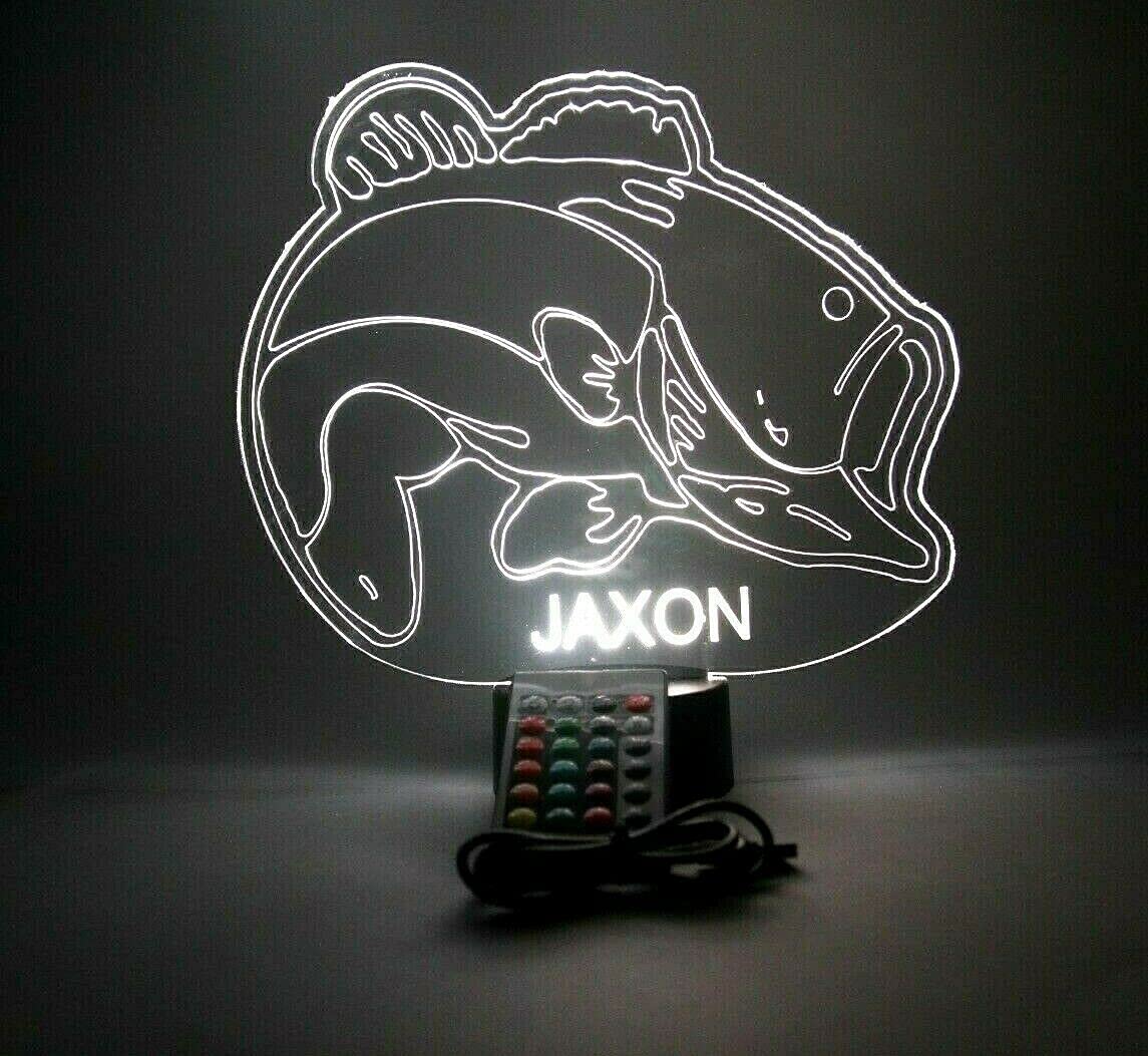 Mirror Mania Fish Sea Bass Gone Fishing Fisherman Night Light Up Lamp Led Personalized Engraved Desk Table Lamp, It'S Wow, With Remote, 16 Color Options, Dimmer, Engraved, Great