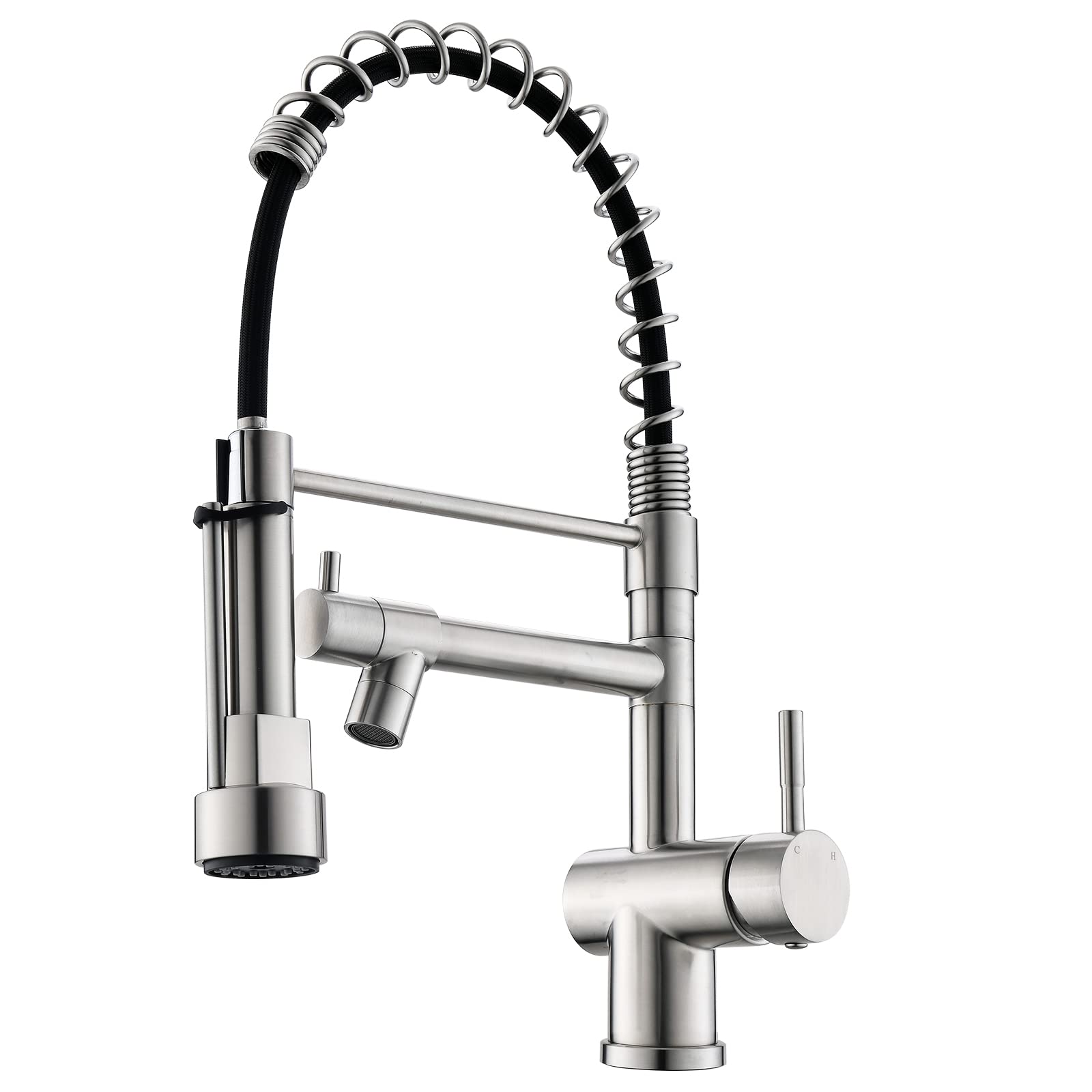 Vfauosit Commercial Kitchen Faucet, Kitchen Faucet With Pull Down Sprayer, Single Handle Kitchen Sink Faucet With Pot Filler, Brushed Nickel Stainless Steel Spring Sink Faucet