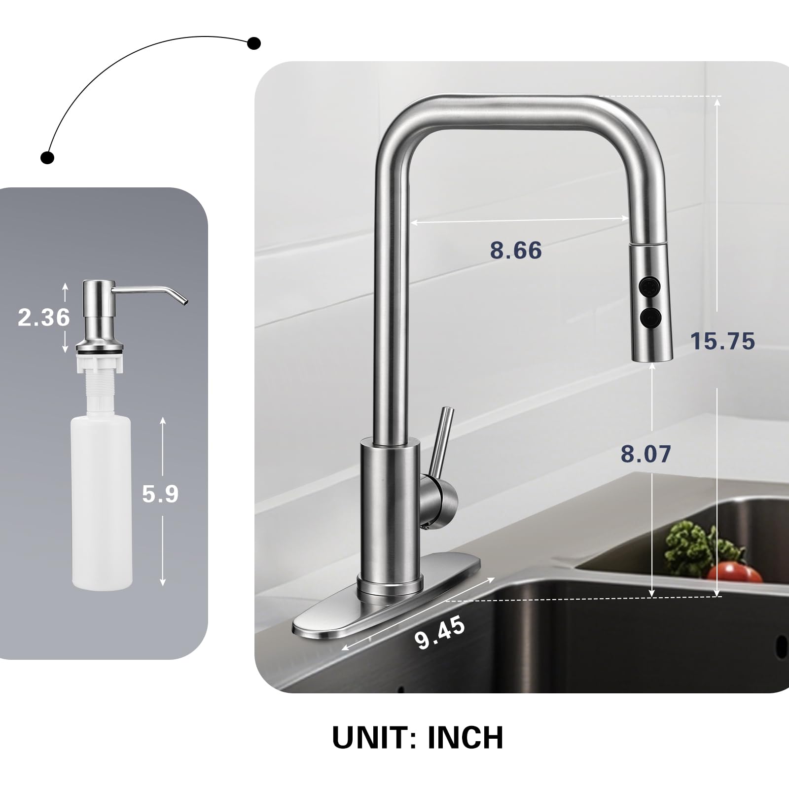Peppermint Kitchen Faucet With Pull Down Sprayer And Soap Dispenser, Stainless Steel Brushed Nickel Low Pull Out Faucets For Kitchen Sink Soap Dispenser