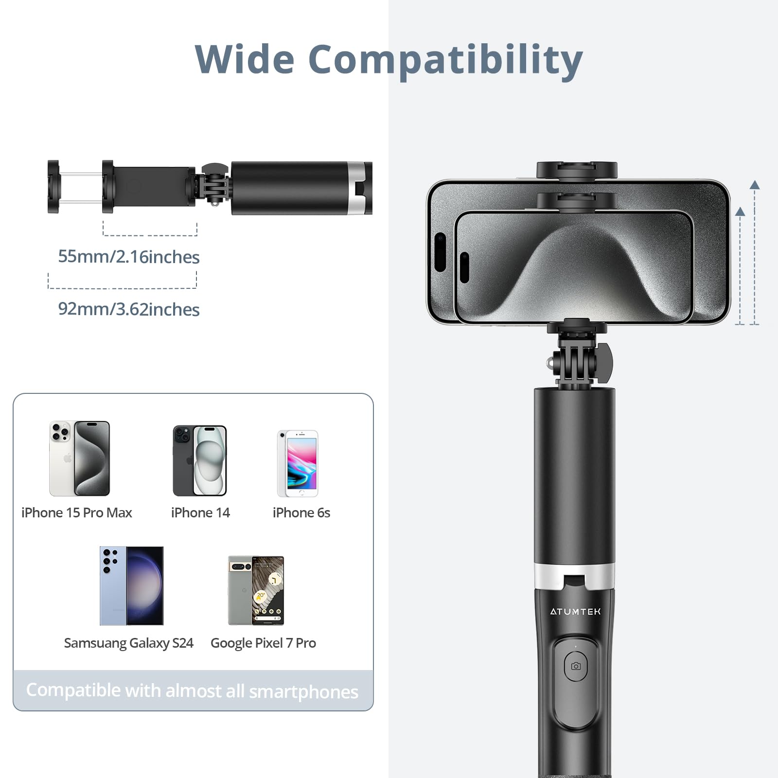 Atumtek 63" Phone Tripod, Extendable Selfie Stick Tripod With Bluetooth Remote, All-In-One Aluminum Phone Tripod Stand With Cold Shoe Mount For Gopro, 4"-7" Iphone And Android Smartphones Black