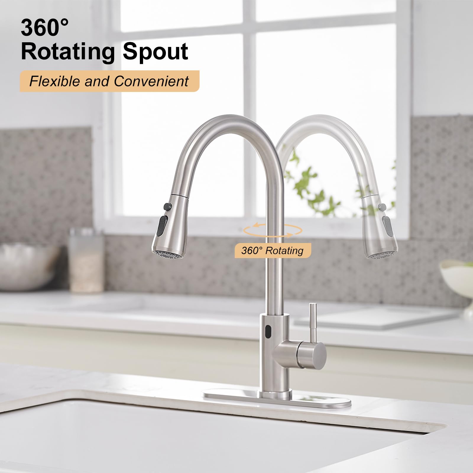 Bathlavish Touchless Kitchen Faucet With Pull Down Sprayer, Motion Sensor Single Handle Stainless Steel Commercial Faucet, Hands- Smart Activated Sink Faucet With Deck Plate, Brushed Nickel