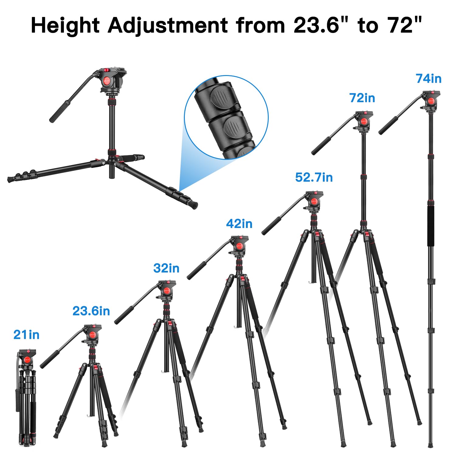 Victiv Camera Tripod, 72" Video Tripod With Fluid Head, Aluminum Heavy Duty Tripod With Carry Bag, Professional Camera Tripods & Monopods, Compatible With Canon, Sony, Dslr, Camcorder