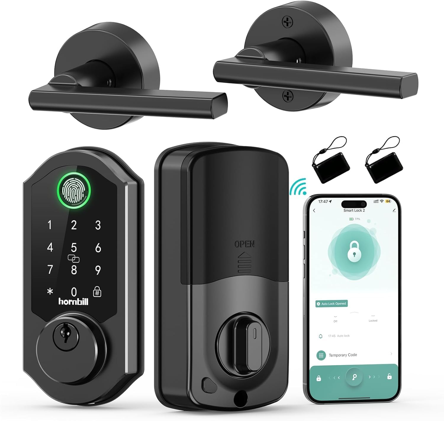 Hornbill Smart Front Lock Set Fingerprint: Wifi Deadbolt With Code App Keypad Keyless Entry Door Lock With Handle Lever Combo - Touchscreen Electronic Digital Remote Control For Front Door, Matt Black