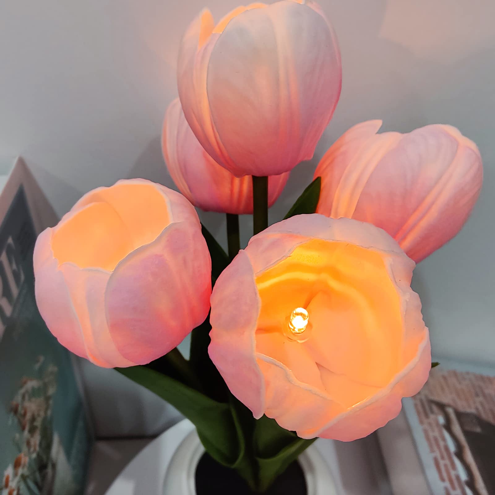 Goutool Flower Table Lamp Tulip Desk Led Night Light For Home Living Room Decor Artificial Flower With Vase Table Centerpieces For Birthday Holiday Party Wedding Room Decoration (Pink)…