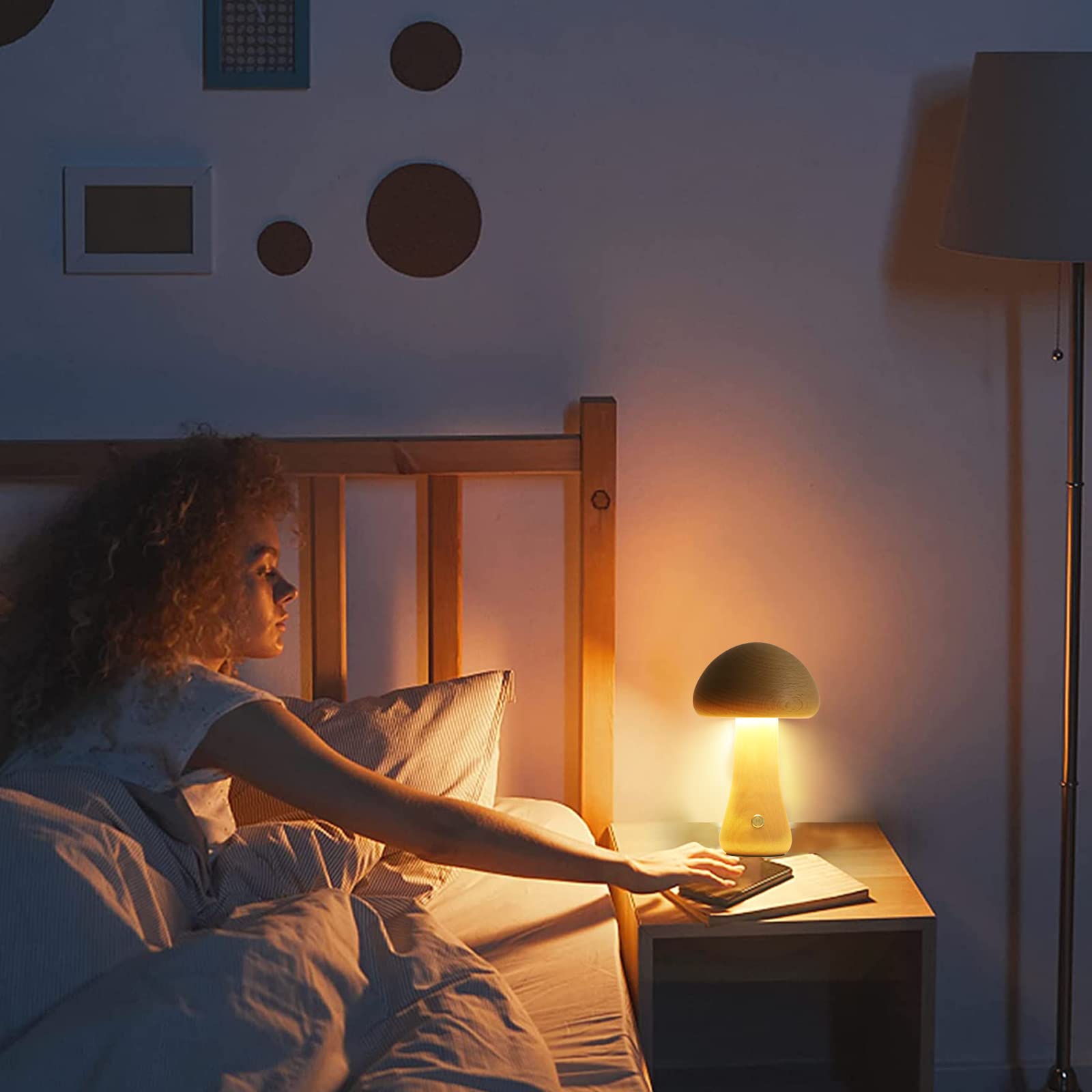 Mihoho Mushroom Lamp For Bedroom, Portable Dimmable Bedside Lamp With Usb Charging, Cordless Wooden Nightlight, Mushroom Table Lamp For Home Decor (Large, Beech A+)