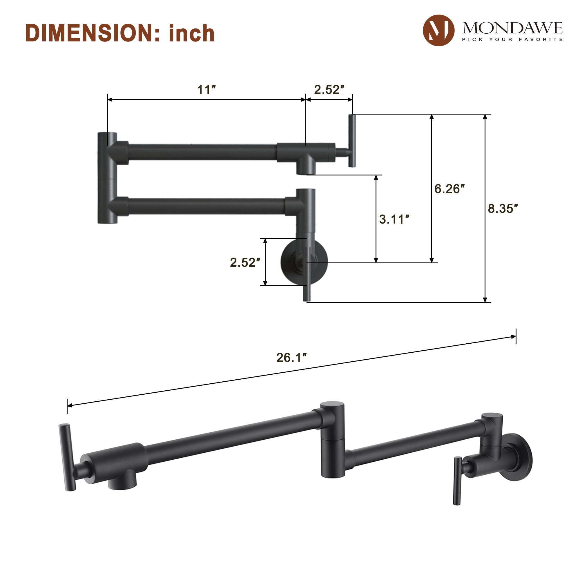 Mondawe Pot Filler Faucet Wall Mount Kitchen Sink Faucet Stove Pot Filling Faucet With Double Joint Swing Arms Folding Faucet, Solid Brass Material, Lead-, Single Hole, Matte Black