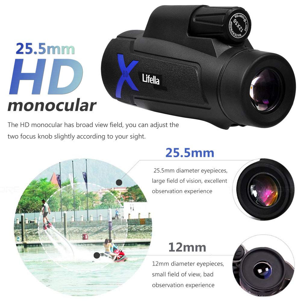 Lifella 12X50 High-Power Monocular Telescope With Portable Bag - Ideal For Bird Watching, Hunting, Hiking, Camping - Large Vision With Bak4 Prism And Fmc Lens Technology, Black