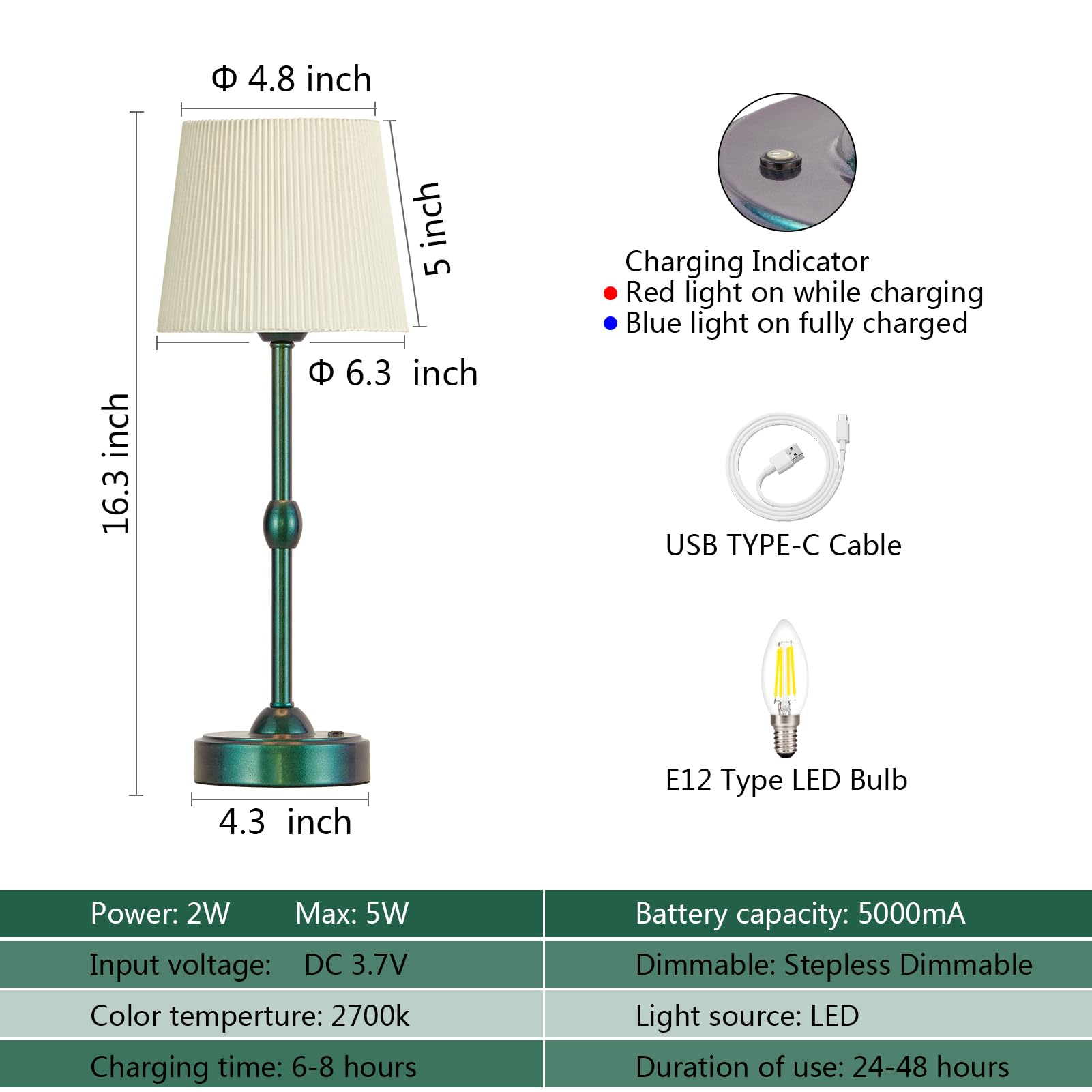 Roria Set Of 2 Led Cordless Table Lamps, Portable Rechargeable 5000Mah Outdoor Table Lamp, Touch Stepless Dimmable Battery Powered Bedside Desk Lamp For Bedroom/Dinner/Dining Room/Terrace (Green)