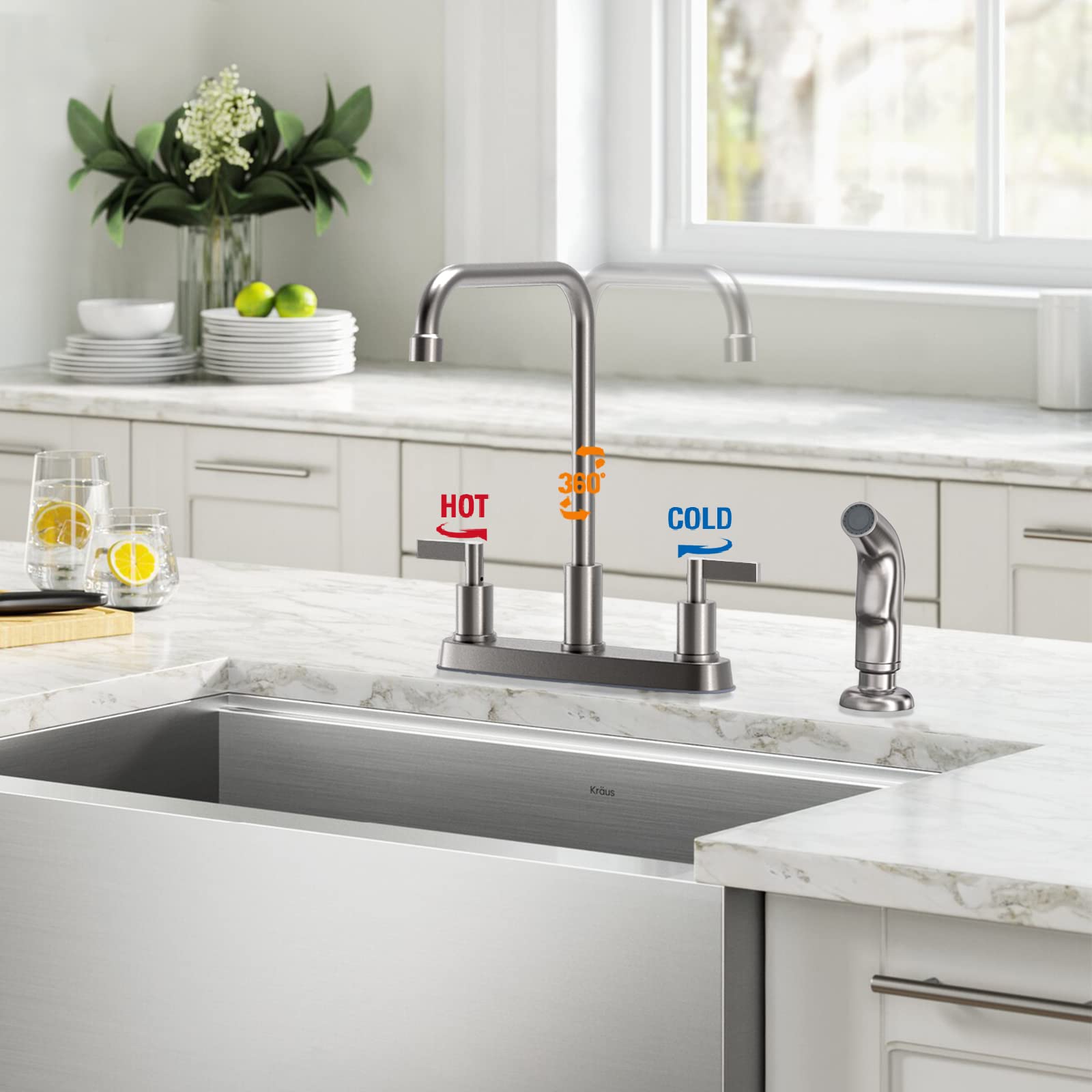 Gowin Kitchen Faucet With Sprayer,Brushed Nickel Kitchen Sink Faucet,3 Hole Or 4 Hole Faucet For Kitchen Sink,Stainless Steel 2 Handle Kitchen Faucet With Side Sprayer,4 Hole Kitchen Faucets