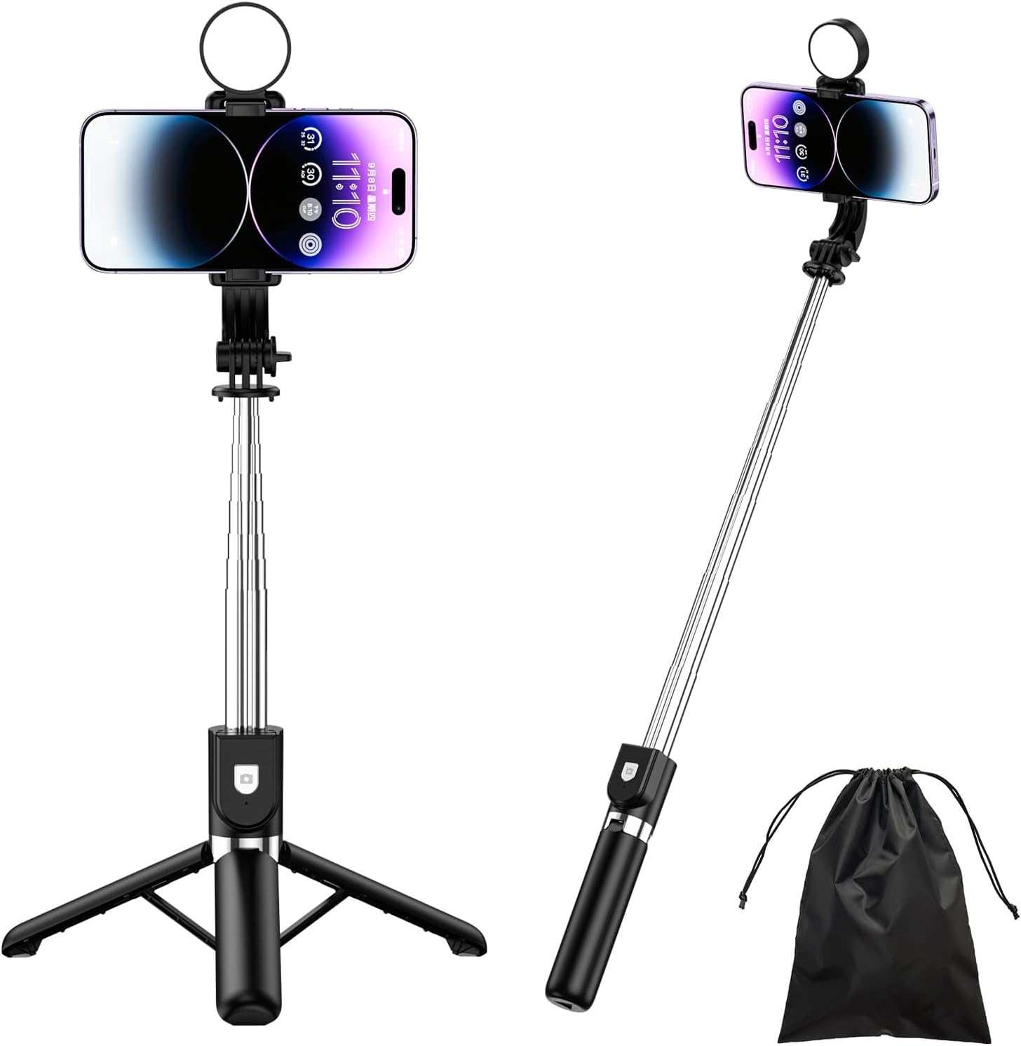 Xihama Selfie Stick With Light, All In 1 Extendable Tripod Stand With Detachable Wireless Remote,Portable Mobile Phone Holder Lightweight Camera Tripod Compatible With Iphone 16 15,Gopro,Android (Black)