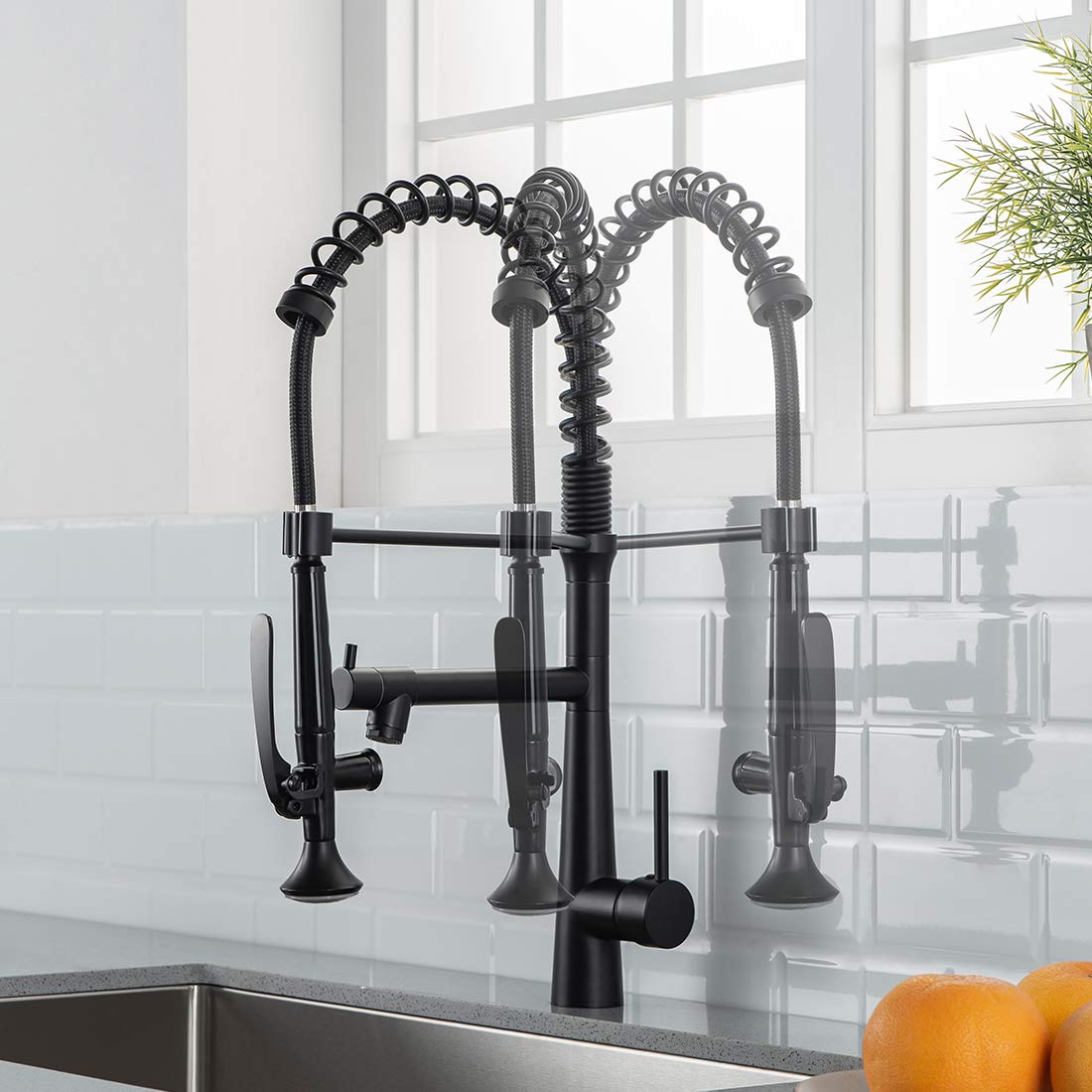 Aimadi Black Kitchen Faucet With Sprayer,Commercial Faucet Kitchen Single Handle Spring Pull Down Kitchen Sink Faucet With Led Light,Matte Black