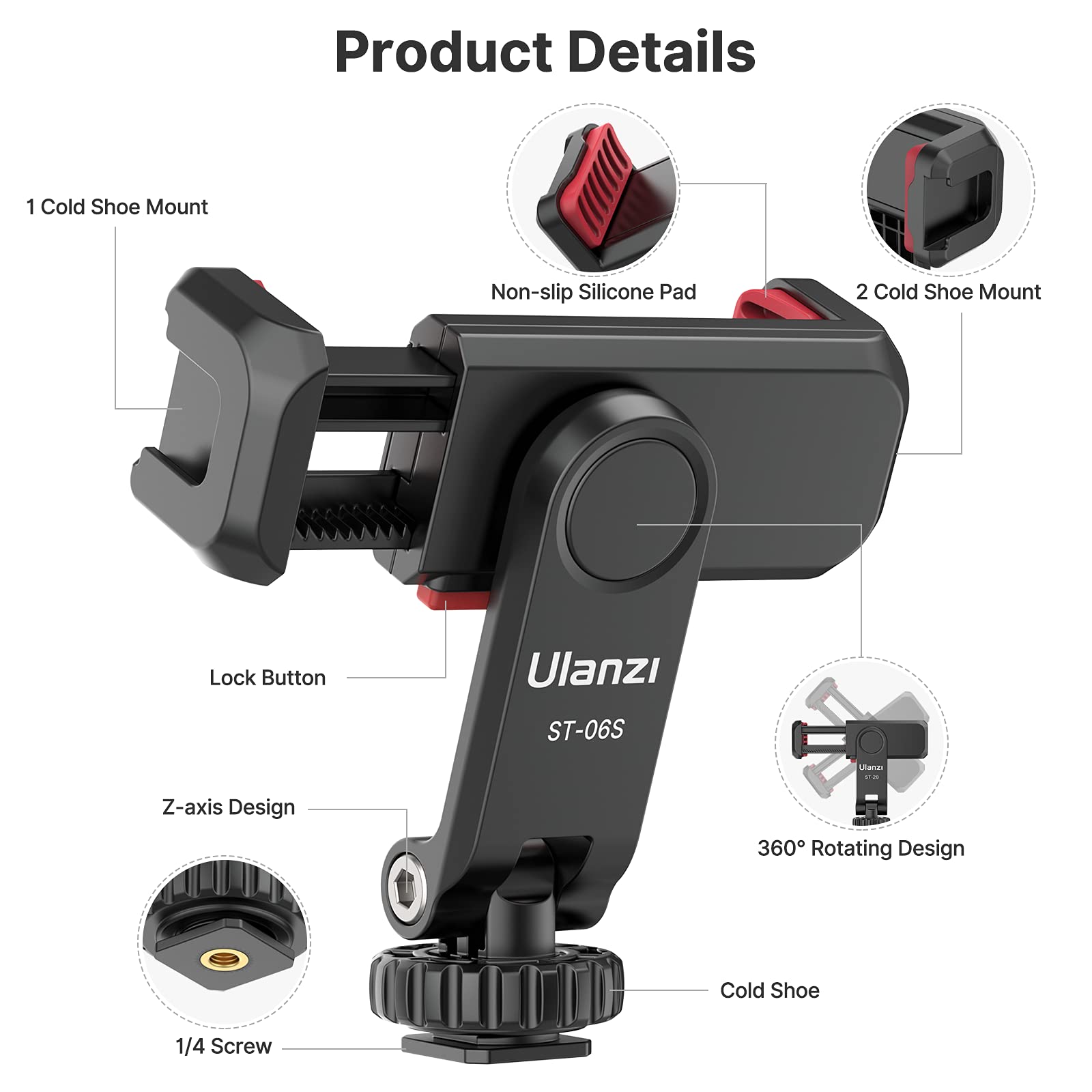 Ulanzi St-06S Phone Tripod Mount, Universal Smartphone Mount Adapter With 2 Cold Shoe, 360° Rotates Adjustable Cell Phone Clip Clamp Holder, Compatible With Iphone, Samsung Galaxy And All Phones