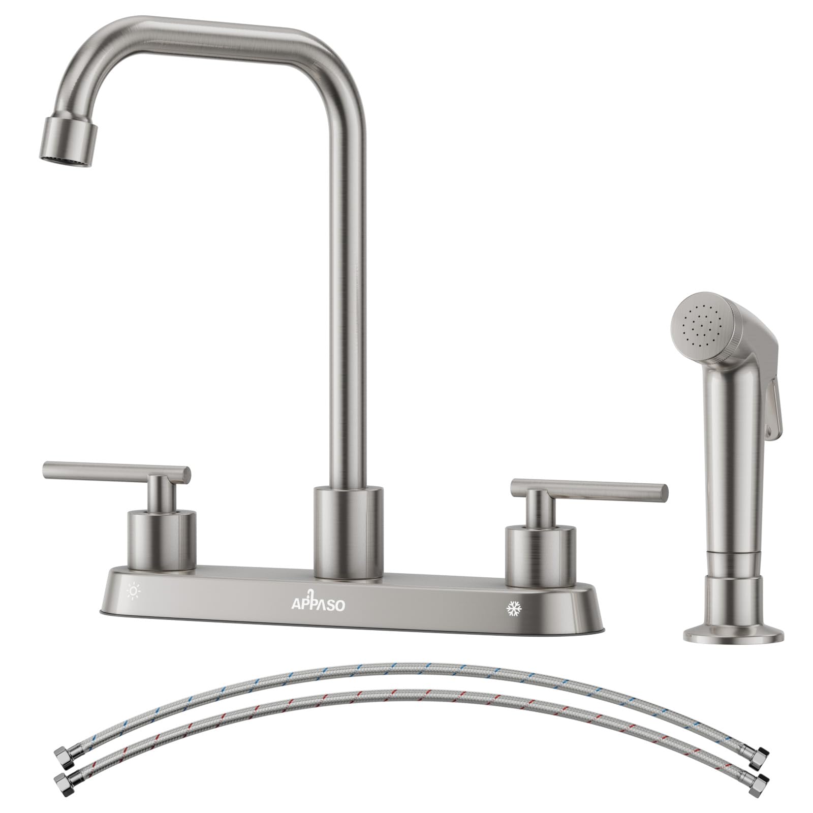Appaso Kitchen Faucet With Side Sprayer, Brushed Nickel Kitchen Sink Faucet, 4 Hole Kitchen Faucet, Stainless Steel Faucet For Kitchen Sink, 2 Handle Faucets With High Right Angle Spout