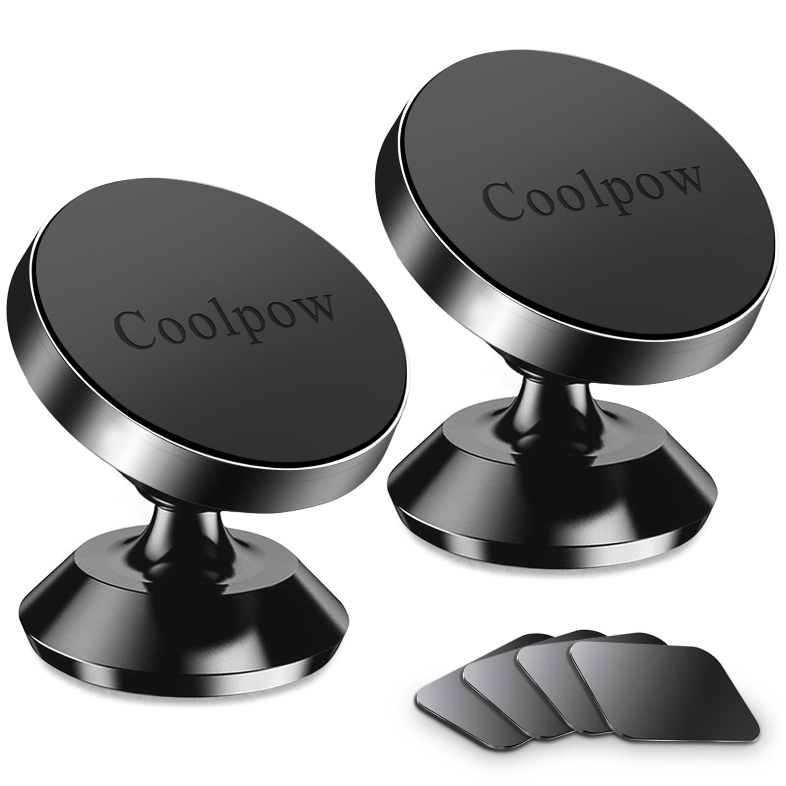 Coolpow 【2-Pack】 Magnetic Phone Holder For Car, [Strong Magnet] Magnetic Phone Mount For Car [4 Metal Plate] Iphone Magnetic Car Mount For Cell Phone [360° Rotation] Universal Dash Car Phone Holder Mount