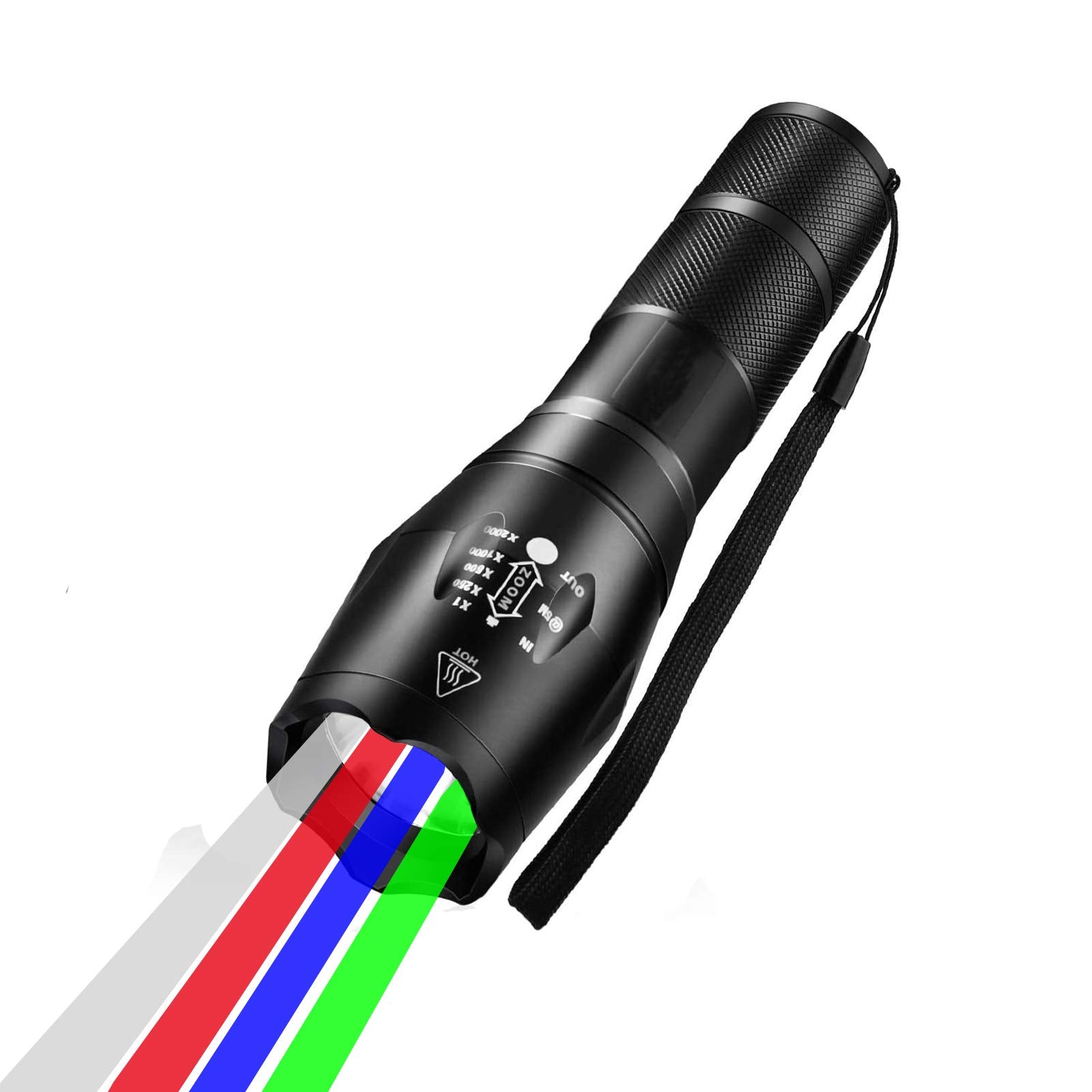 Lcyyo 4 In 1 Multicolor Flashlight, 300 Lumen Zoomable One Mode White Red Green Blue Light, Hunting Flashlight