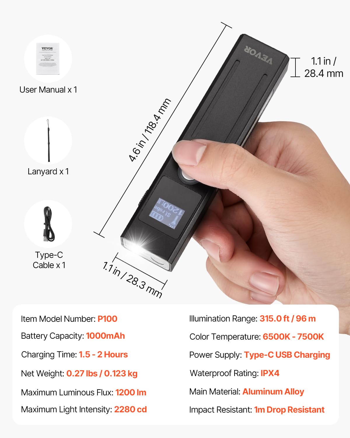 Vevor Edc Flat Flashlight, 3-In-1 High Lumens Led Flashlight With Green Beam, Ipx4 Waterproof Rechargeable Flash Light For Office Presentation, Hiking, Camping, Emergencies, Lightweight & Portable