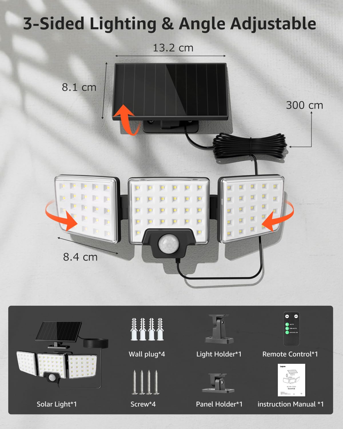 Lepro Solar Security Lights - Outdoor Motion Sensor, 2 In 1 Remote Control, Ip65 Waterproof, 2 Light Modes, 3 Heads Solar Floodlight For Garden, Yard, Garage