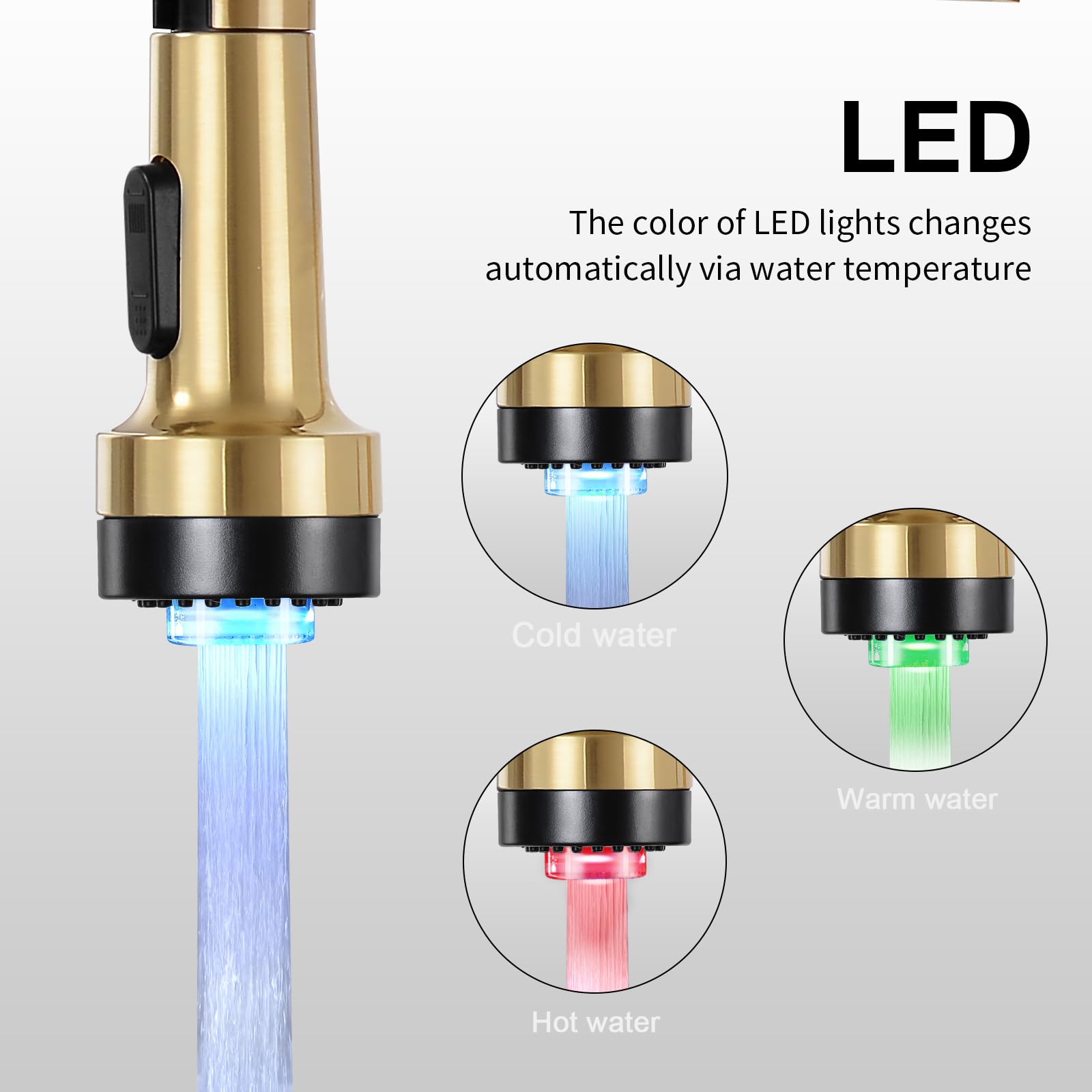 Djs Kitchen Faucets With Pull Down Sprayer Brushed Gold -【Led Light】 Single Handle 1 Or 3 Holes Spring Kitchen Sink Faucet With Deck Plate For Farmhouse Rv Vessel Basin