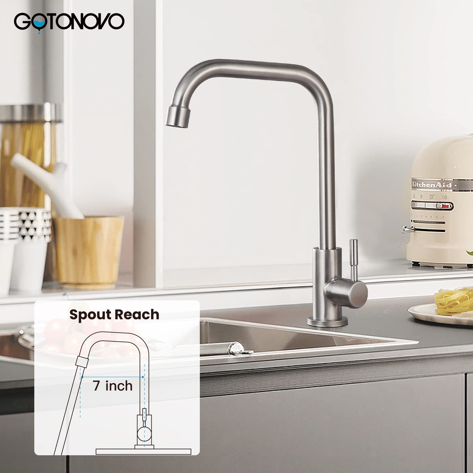 Gotonovo 304 Stainless Steel Cold Water Kitchen Faucet Commercial Tap 90 Degree Bar Faucet Single Lever Brushed Nickel Modern Saving Water