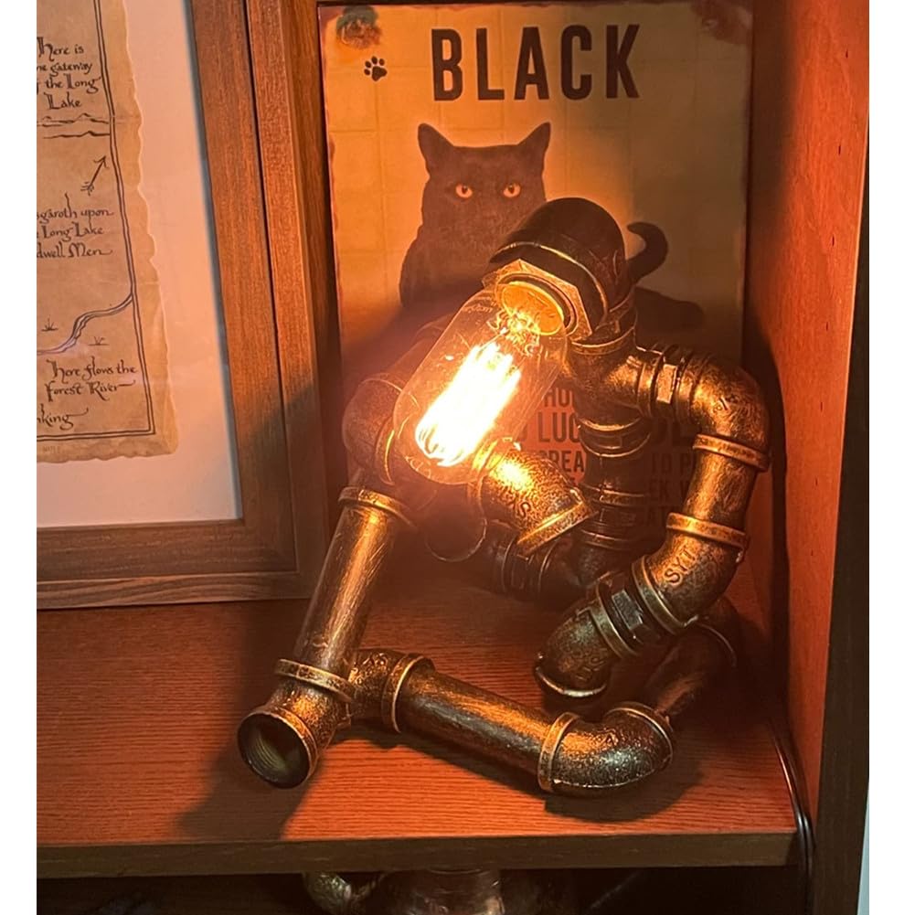 Pupery Steampunk Table Robot Lamps With 2 Bulbs,Retro Industrial Robot Desk Lamps Water Pipe Light For Office,Bedroom,Living Room In Bronze