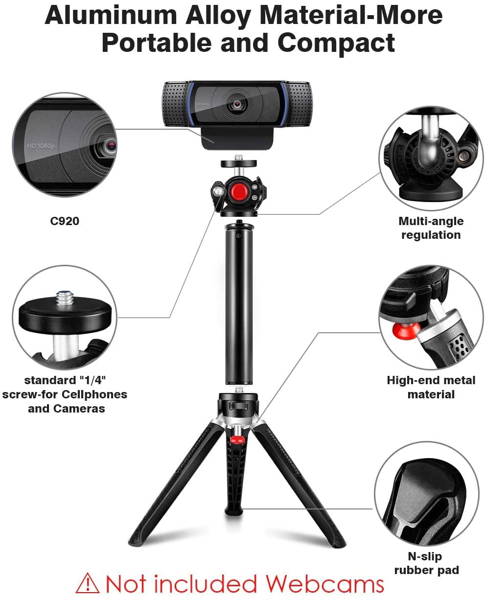 Etour Webcam Tripod Stand, 3 Levels Extendable Desktop Web Camera Mount With Phone Holder/Ball Head, Lightweight Portable Vlog Travel Selfie Stick Handle Grip For Logitech Webcam C922 C920 Brio Ring Light