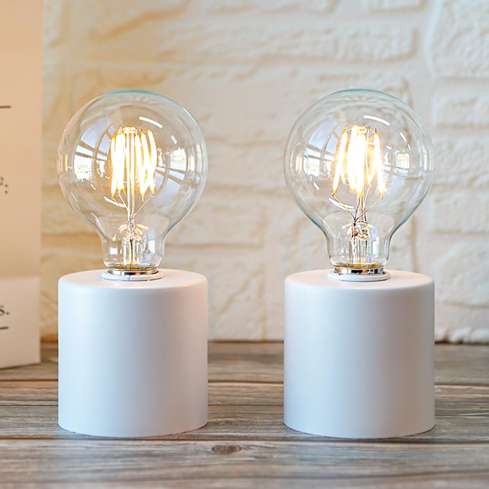 Jhy Design Set Of 2 White Table Lamp Battery Powered 7" Tall Cordless Lamp Light With Edison Style Bulb Battery Operated Great For Living Room Bedroom Weddings Parties Patio Events