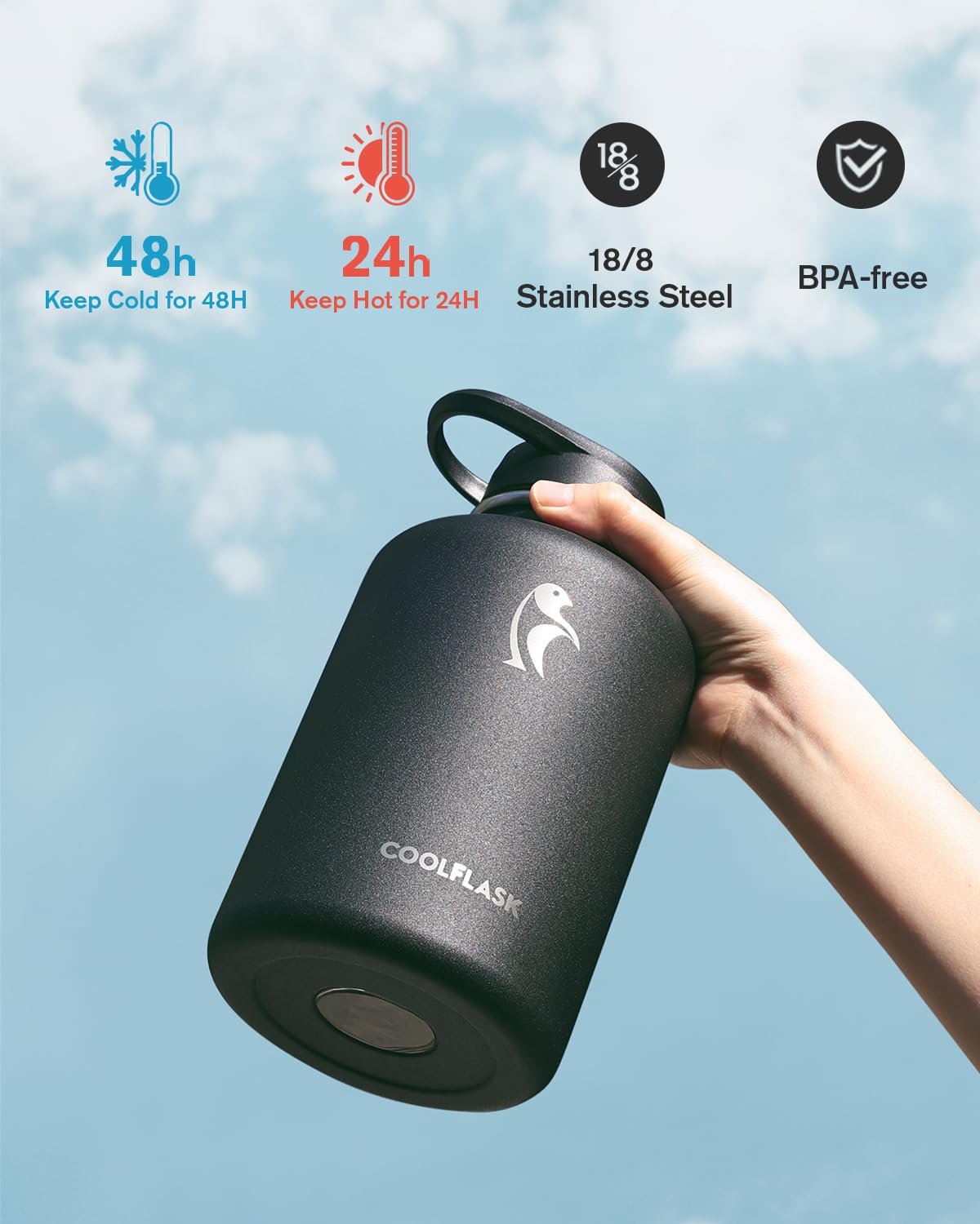Coolflask 64 Oz Insulated Water Bottle With Strap & Sleeve, Half Gallon Water Jug 3 Lids Stainless