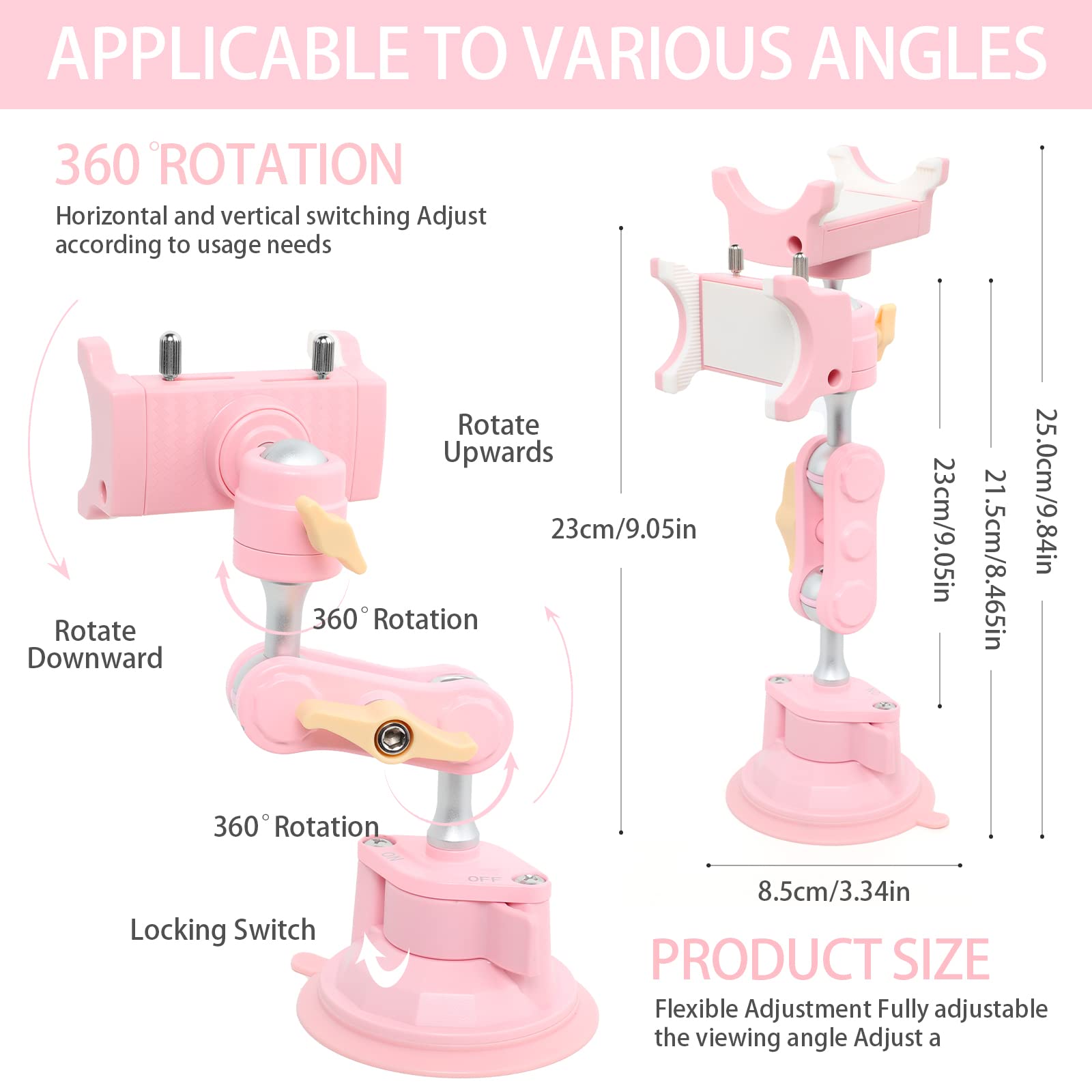 Rednow Suction Cup Phone Mount 360 Rotating Universal Ball Head Arm For Car Dashboard Windshield Vehicle Sunroof (1PcPink)