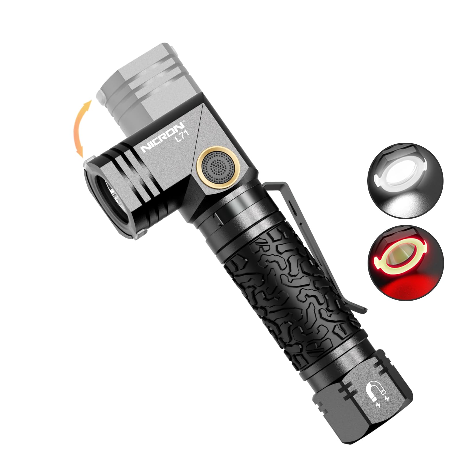 Nicron L71 Tactical Flashlights High Lumens Type-C Rechargeable Magnetic Flashlight 90 Degree Working Light, Ip65 Waterproof 1800 Lumens Led 8 Modes Flashlights For Outdoor Camping Emergency