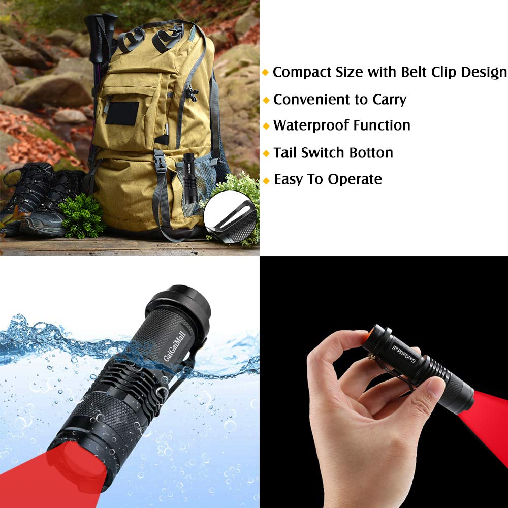 Gaigaimall 4 Pack Red Light Flashlight 3 Modes Zoomable Red Hunting Light With Clip For Astronomy, Aviation, Night Observation