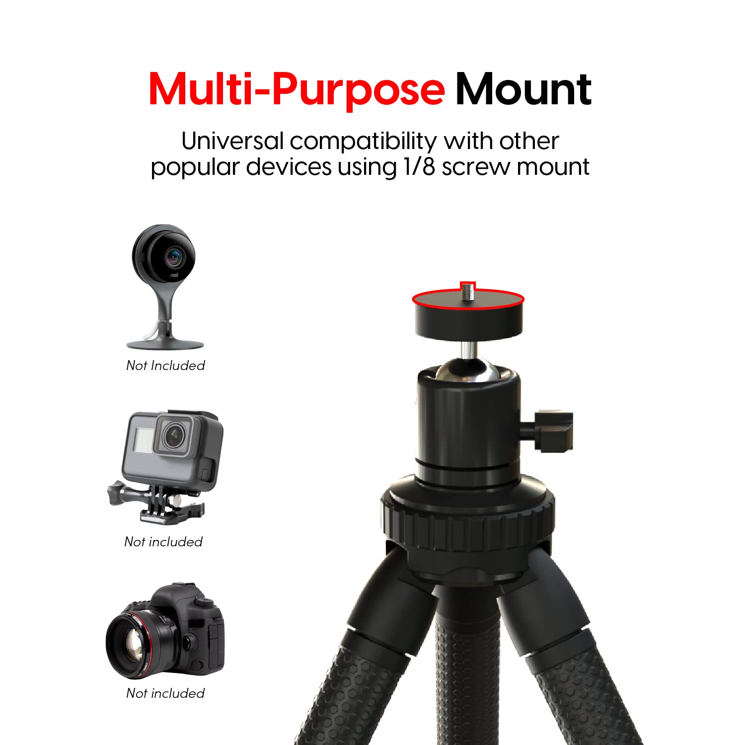 Talkworks Tripod Stand With Flexible Posable Legs-Compatible With Nest Camera-Multi-Purpose Mount Travel Tripod With 1/8 Screw Mount-Rotating Head,Black,14036