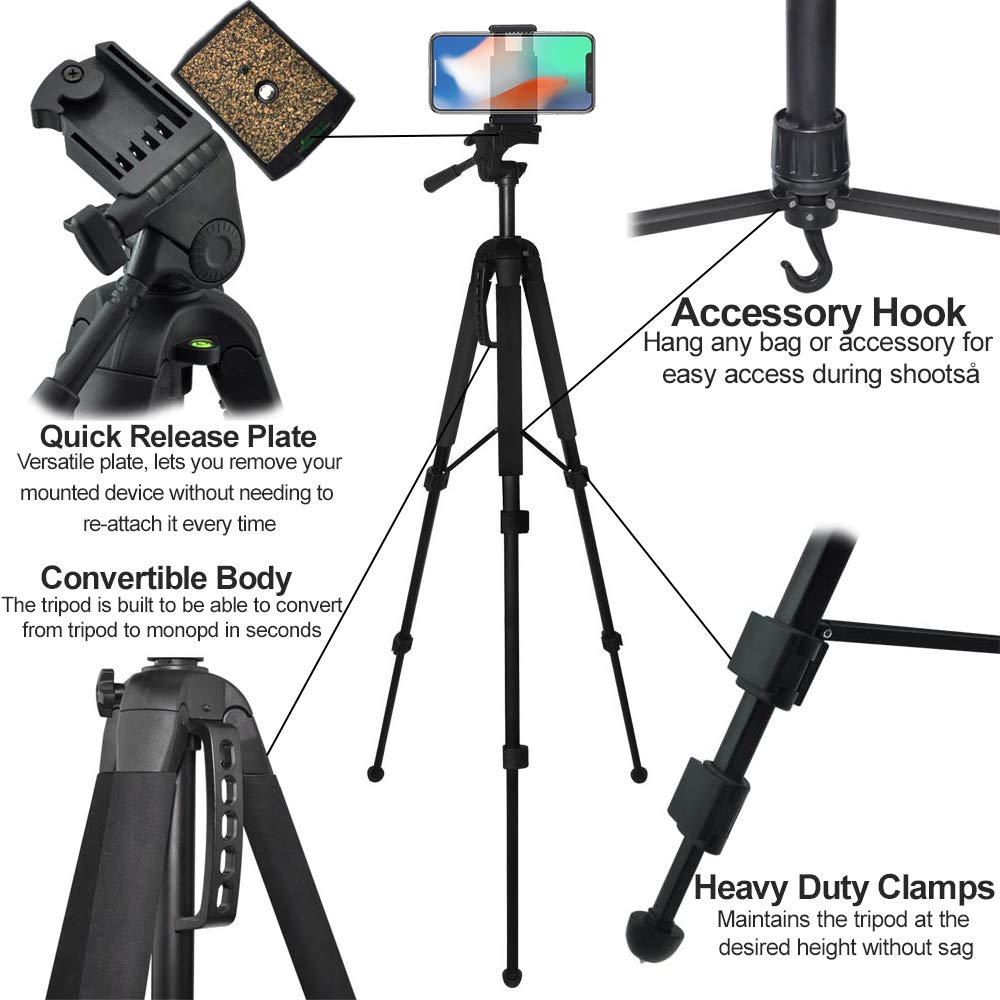 Ecostconnection 68” Elite Series Professional Heavy Duty Convertible Tripod/Monopod For All Dslrs And Smartphones And A Universal Smartphone Tripod Mounting Adapter + Microfiber Cloth