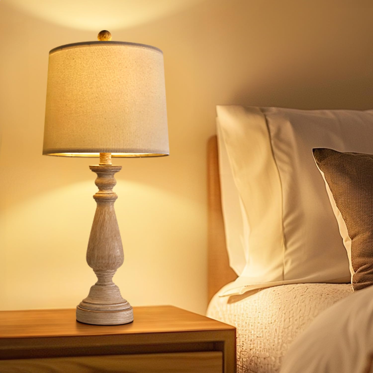 Portres 24.5" Mid Century Single Table Lamp For Living Room Farmhouse Linen Bedside Lamps For Bedroom Kids Room Dorm Office Rustic Lamps For End Table Nigntstand Resin