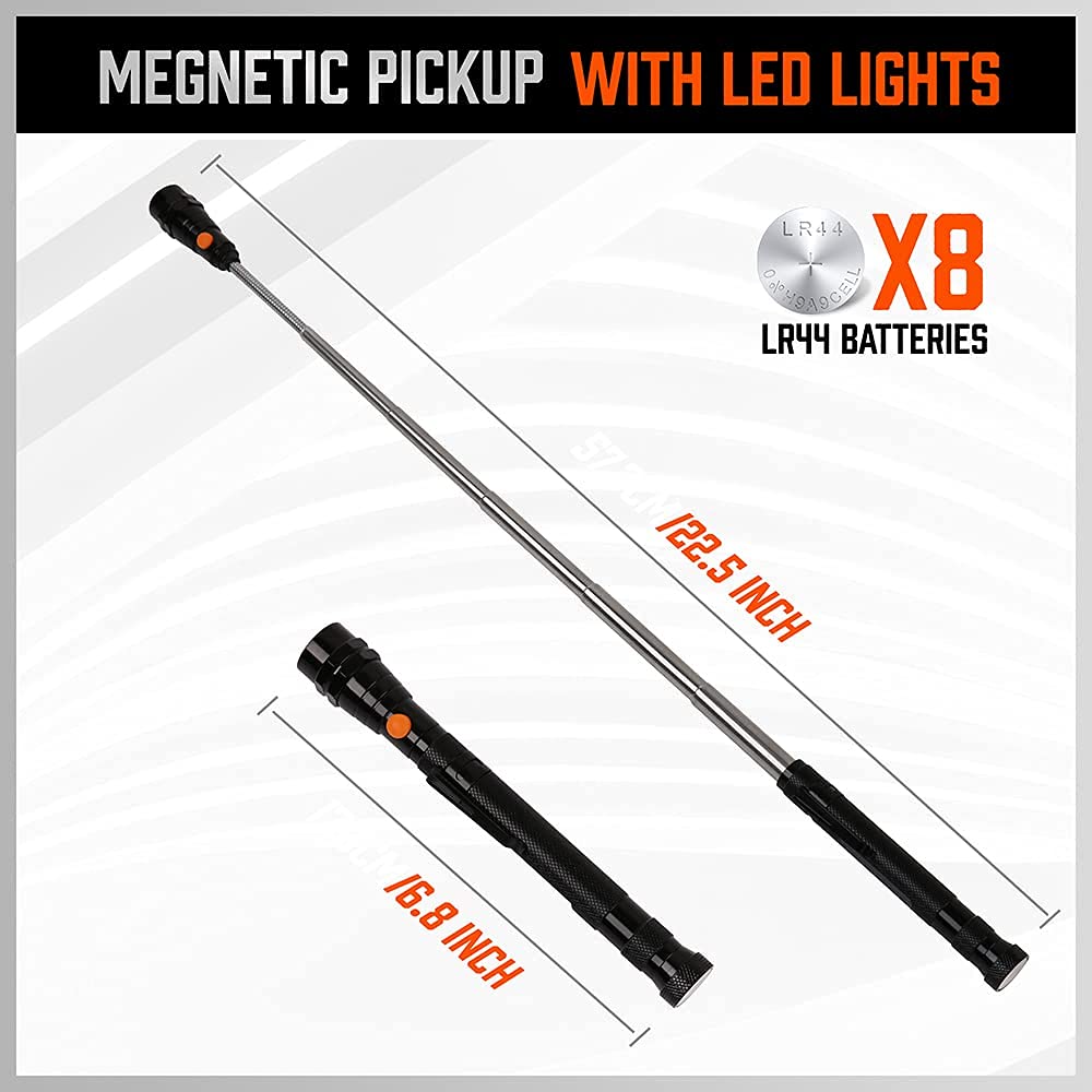 Horusdy 3-Piece 16Lb Telescopic Magnet Stick, Led Flashlight, 360 Swivel Adjustable Inspection Mirror, Diy, Automotive, Household Use
