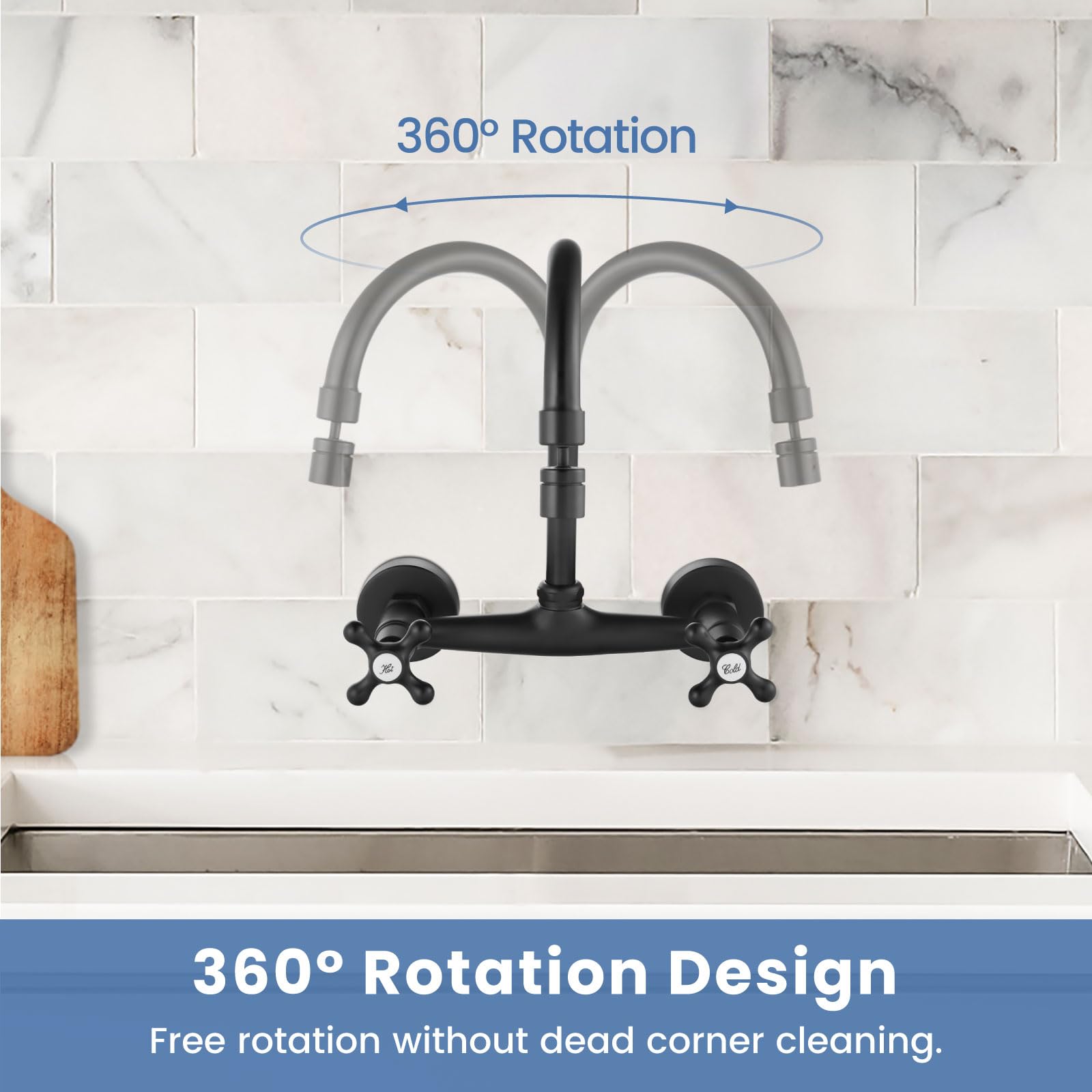 Airuida Wall Mount Kitchen Faucet With Sprayer Wall Mounted Kitchen Sink Faucet Double Cross Handles 360 Degree Swivel Spout Restaurant Mixer Tap Commercial 8 Inch Center Matte Black