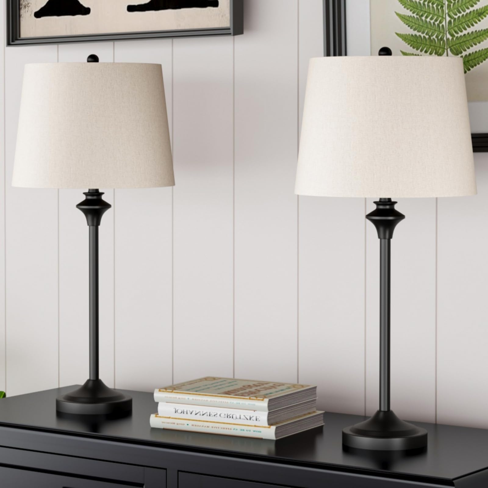 Hightry Table Lamps Set Of 2 For Living Room, Black Buffet Lamps Metal Nightstand Lamps With Oatmeal Fabric Shade, 26” Tall Bedside Desk Lamps For Bedroom, Living Room, Home Office