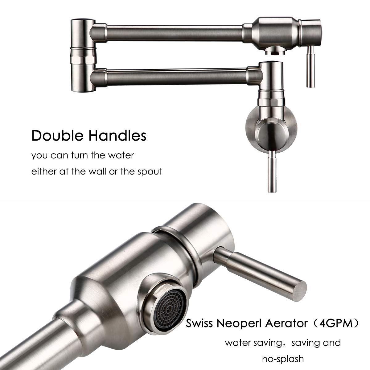 Bagnolux Pot Filler Faucet Stainless Steel, Wall Mount Pot Filler Kitchen Faucet Cold Water Only Double Lever Handle With Dual Joint Swing Arm Brass Stove Faucet, 23.4'', Stainless Steel