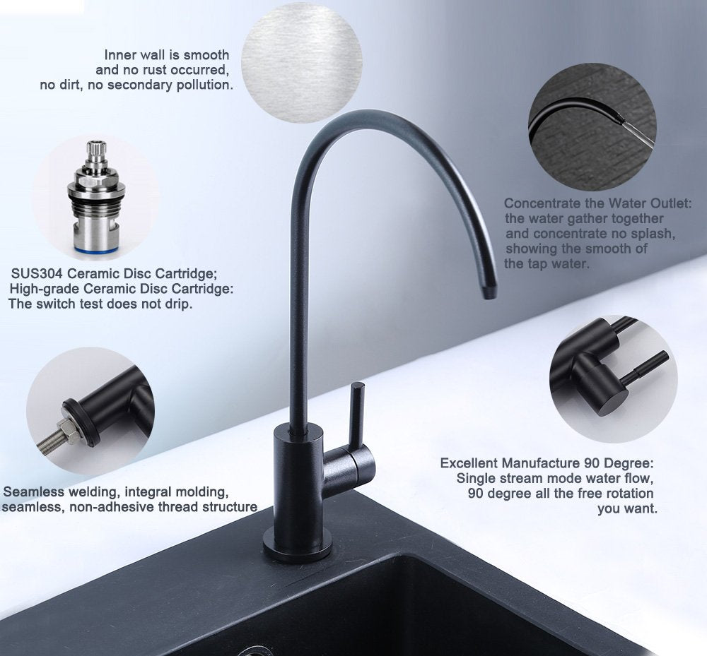 Esow Kitchen Water Filter Faucet, 100% Lead- Drinking Water Faucet Fits Most Reverse Osmosis Units Or Water Filtration System In Non-Air Gap, Stainless Steel 304 Body Matte Black Finish