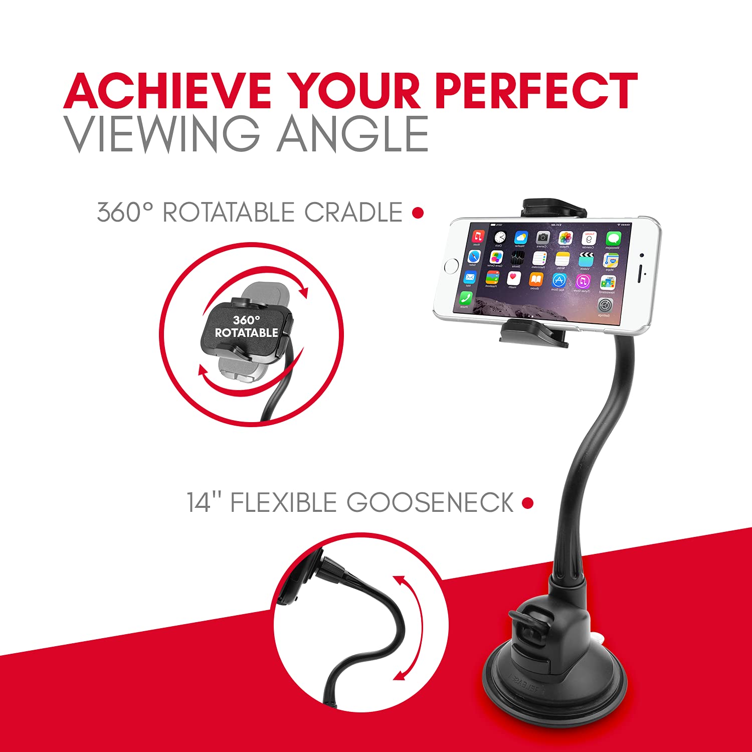 Macally Windshield Phone Mount For Car, Super Strong Suction Cup Phone Holder For Truck - Universal Gooseneck Window Phone Mount For Car, Compatible With Iphone, Samsung, Cell Phone, Android, Mobile