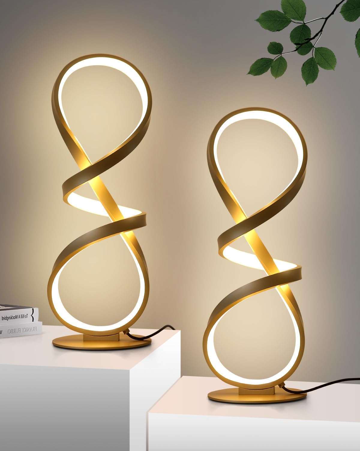Jioodich. 2 Pack Table Lamps, Led Touch Dimmable Spiral Desk Lamp, 3 Color Temperature Modern Nightstand Lamp, Unique Bedside Lamp For Living Room, Bedroom, Cool Lamps For Ideal , Gold