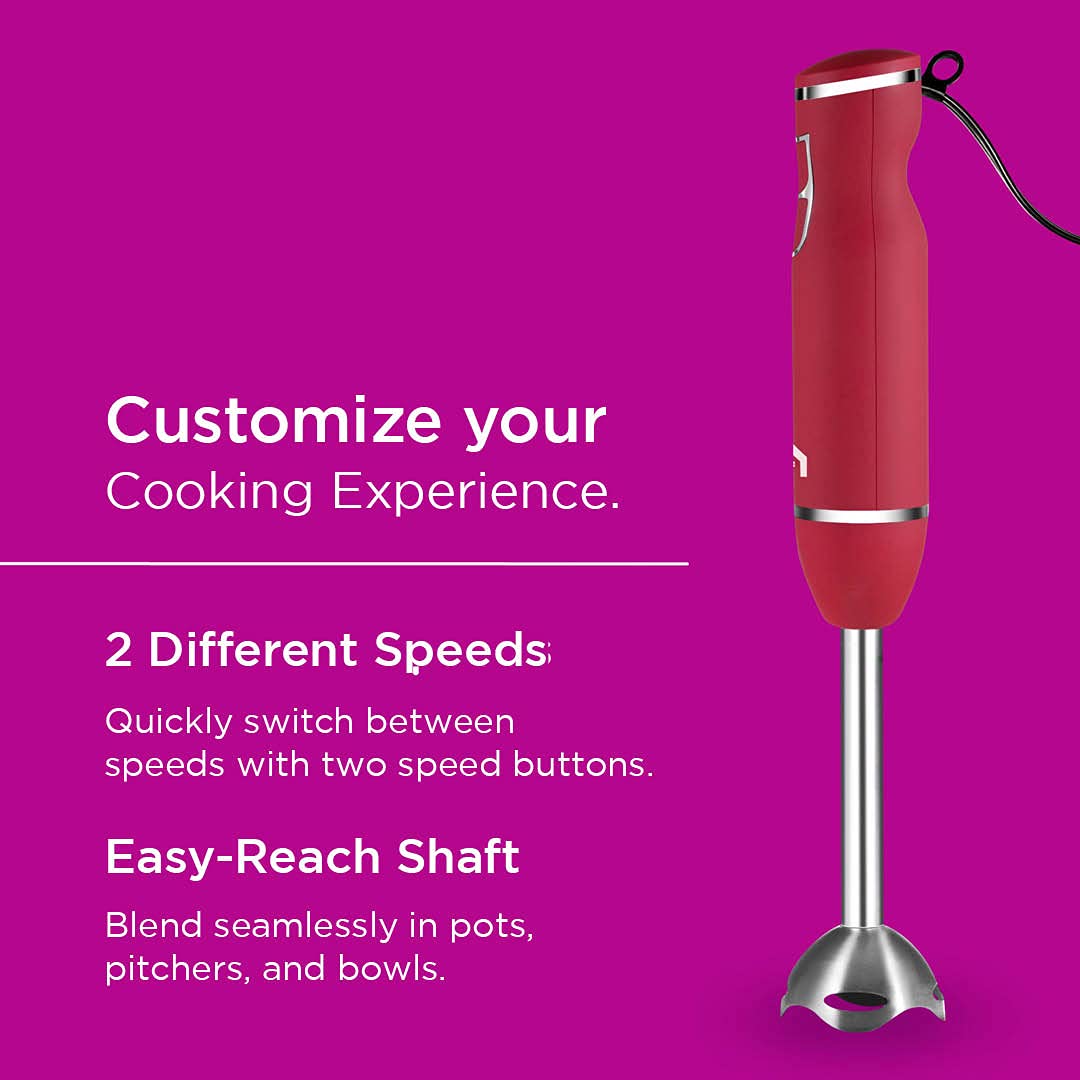 Immersion Hand Blender 2 Speed Stick Mixer With Stainless Steel Shaft & Blade 300 Watts Easily Food, Mixes Sauces, Purees Soups, Smoothies, And Dips, Red