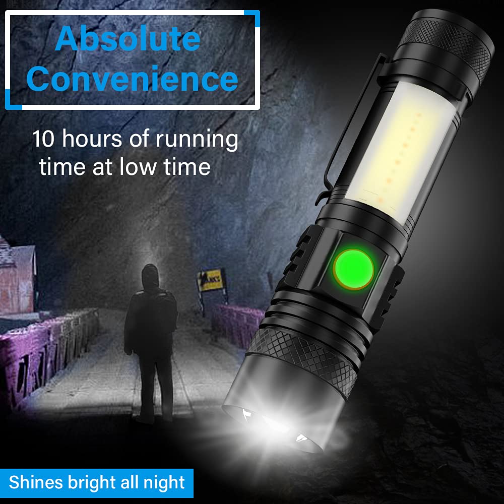 Vnina Usb Rechargeable Flashlight, Led Magnetic Flashlights Super Bright Utility Flashlights With Cob Sidelight Waterproof Zoomable 6 Modes Usb Rechargeable For Camping Emergency