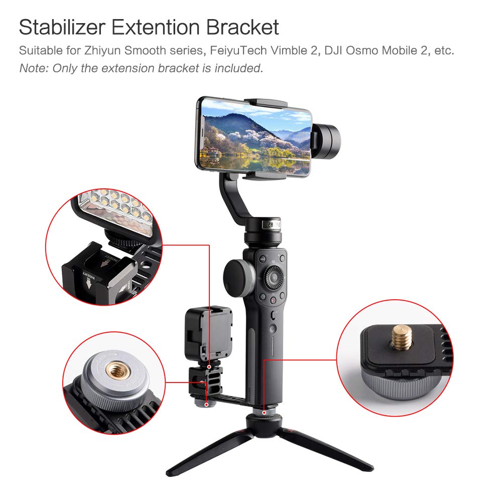 Andoer Universal Aluminium Alloy Gimbal Extention Bar Bracket Adapter With 4 Cold Shoe Mount For Led Video Light Microphone Zhiyun Smooth Series Feiyutech Osmo Gimbal Handheld Stabilizer Accessories