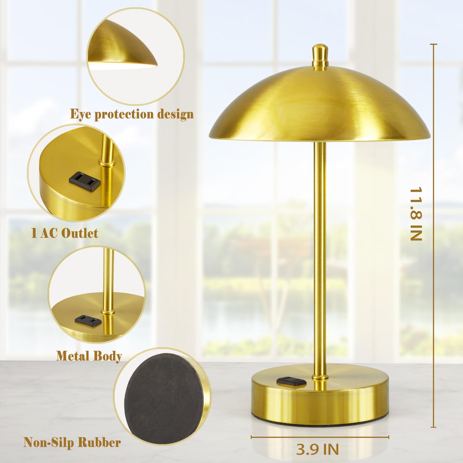 Ejiaxin Modern Led Desk Lamp With Ac Adapter,12" 3-Way Dimmable Touch Bedside Reading Lamp, Minimalist Gold Small Nightstand Table Lamp With Mushroom Dome Shade For Bedroom Living Room Office, Bulb Included