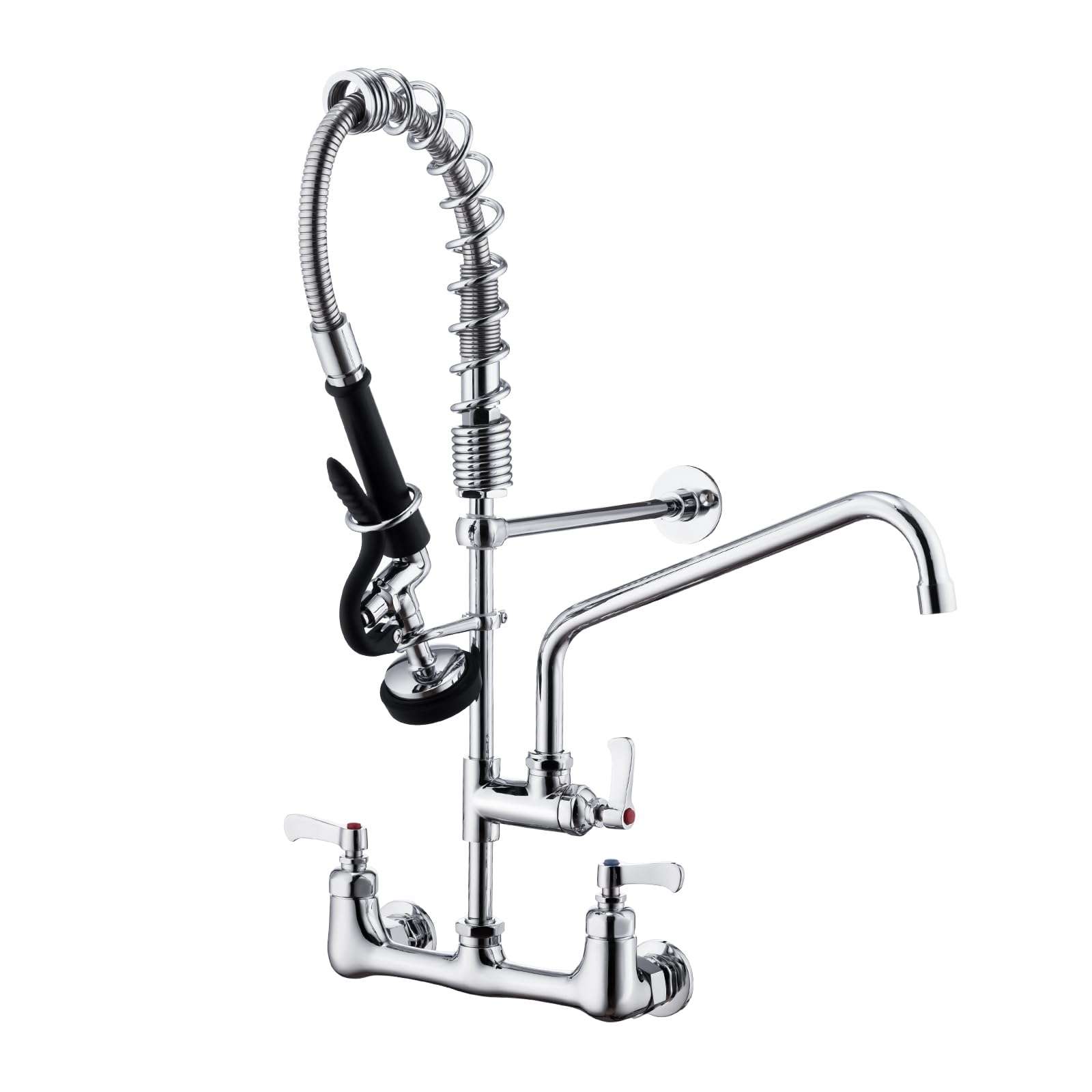 Bagnolux Commercial Sink Faucet, 8" Center Wall Mount Base With Pull Out Spray 9.6" Add-On Swing Spout 25" Height, Double Handle Pre Rinse Sprayer Commercial Rv Kitchen Faucet With Ceramic Valve